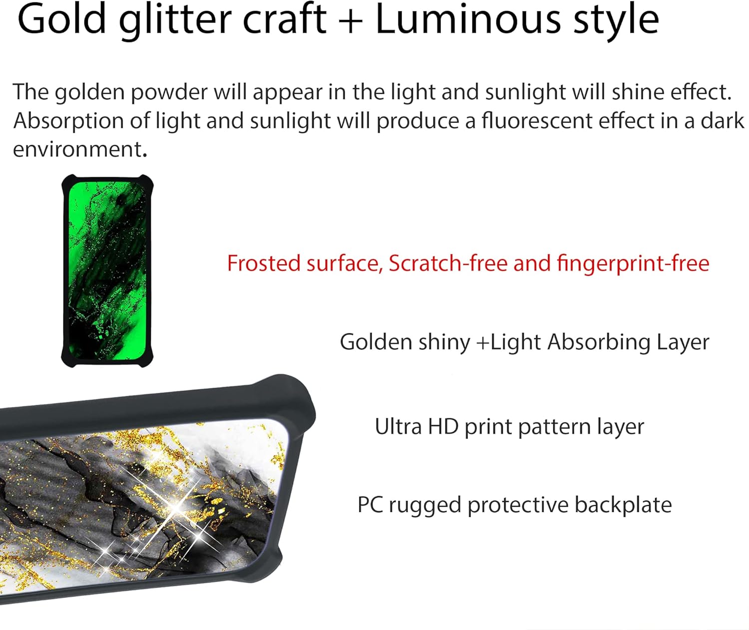 Bounce SL201D – Funda compatible con Bounce SL201D (PC + TPU 2 en 1), soporte de anillo, purpurina dorada y luminosa, JSH-HDL