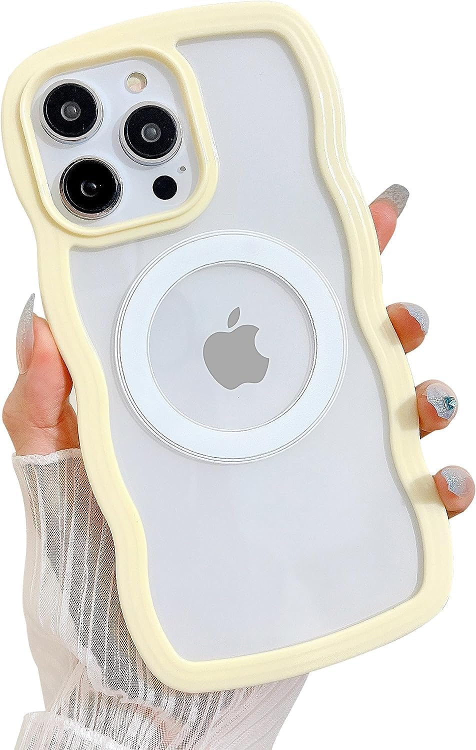 MINSCOSE Funda magnética para iPhone 15 compatible con Magsafe, bonito marco ondulado rizado con diseños de moda transparentes, TPU suave a prueba