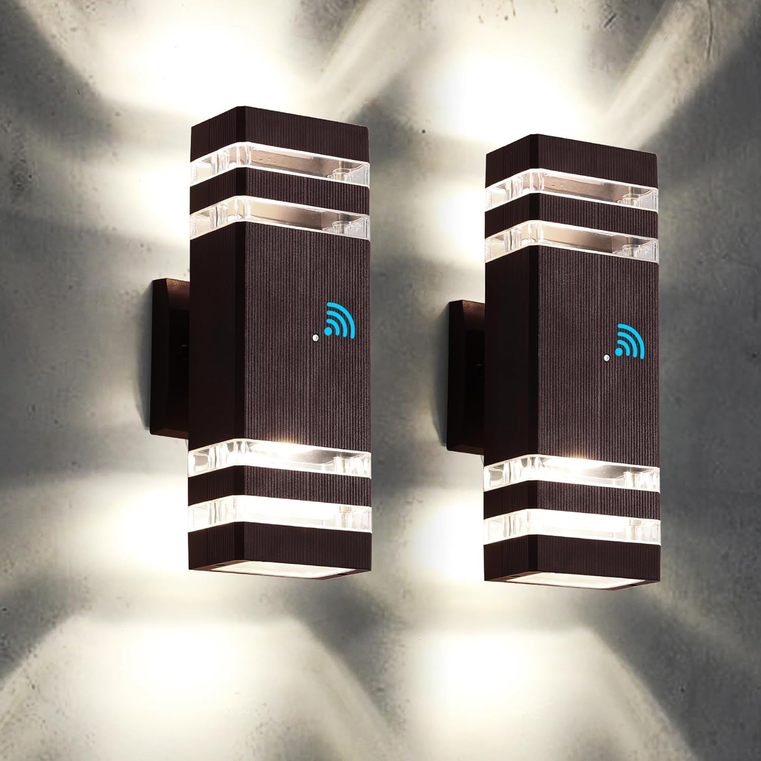 tewei Paquete de 2 luces de pared para exteriores, iluminación LED moderna del anochecer al amanecer, 2 capas, luces marrones para exteriores para