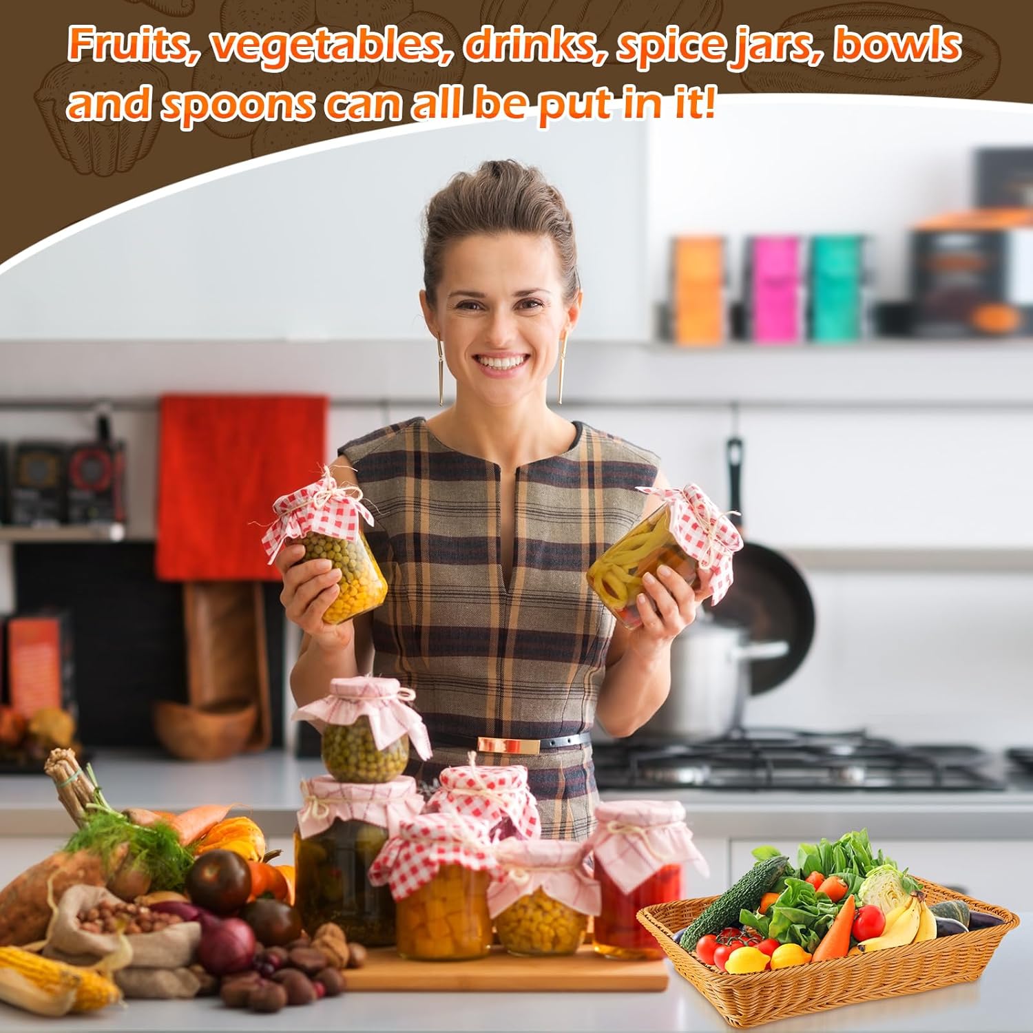10 cestas de pan tejidas de mimbre de polietileno, bandeja de frutas de ratán de imitación, apilables, rectangulares, cestas de alimentos para