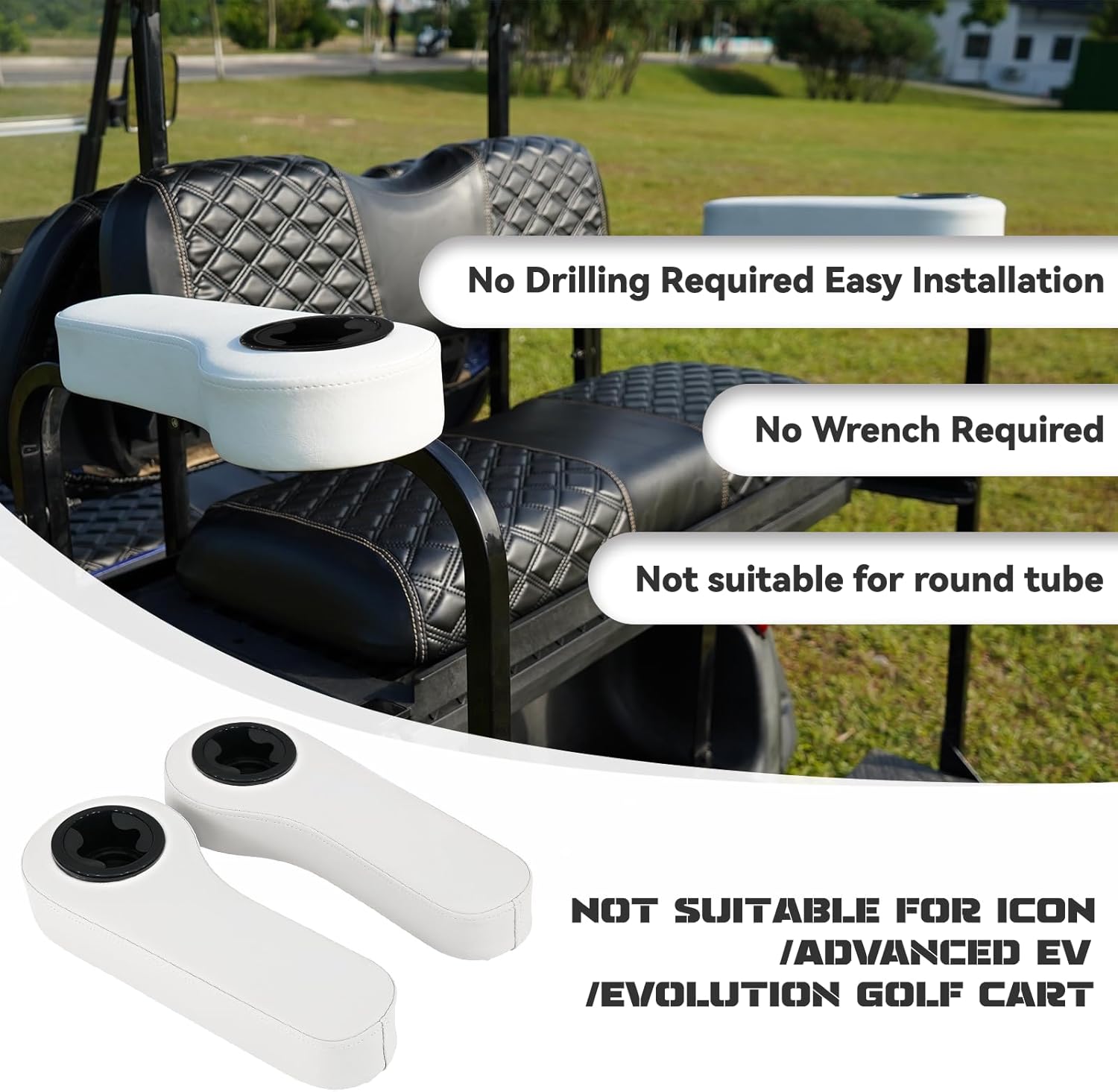 Reposabrazos de carrito de golf con portavasos para EZGO TXT Club Car DS Precedent y Yamaha Kit de asiento trasero, marco de soporte mejorado, sin
