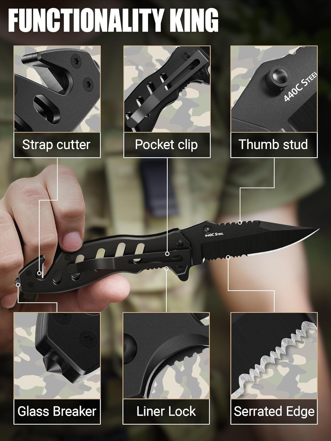 Cuchillo táctico legal para hombres y mujeres, cuchillo de bolsillo pequeño negro de hoja dentada de 2.68 pulgadas con cortador de cinturón de