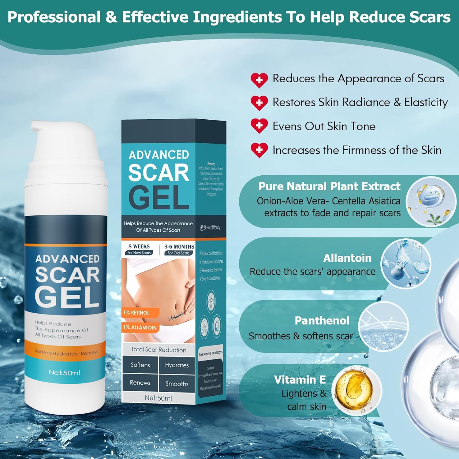 Gel de cicatrices, crema para cicatrices, gel avanzado para cicatrices quirúrgicas, cara, cuerpo, pierna, quemaduras, aceno, cesárea, estrías,