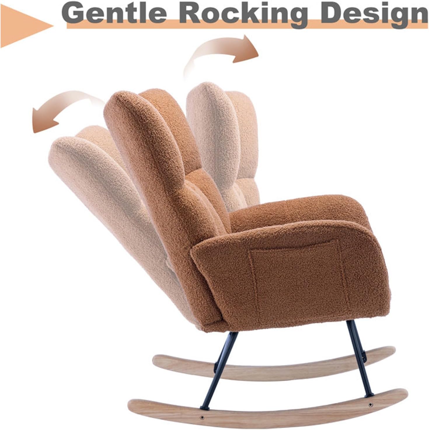 Mecedoras para guardería, cómoda silla deslizadora tapizada de peluche, con respaldo alto, reposabrazos, base de madera maciza y bolsillo, sillas