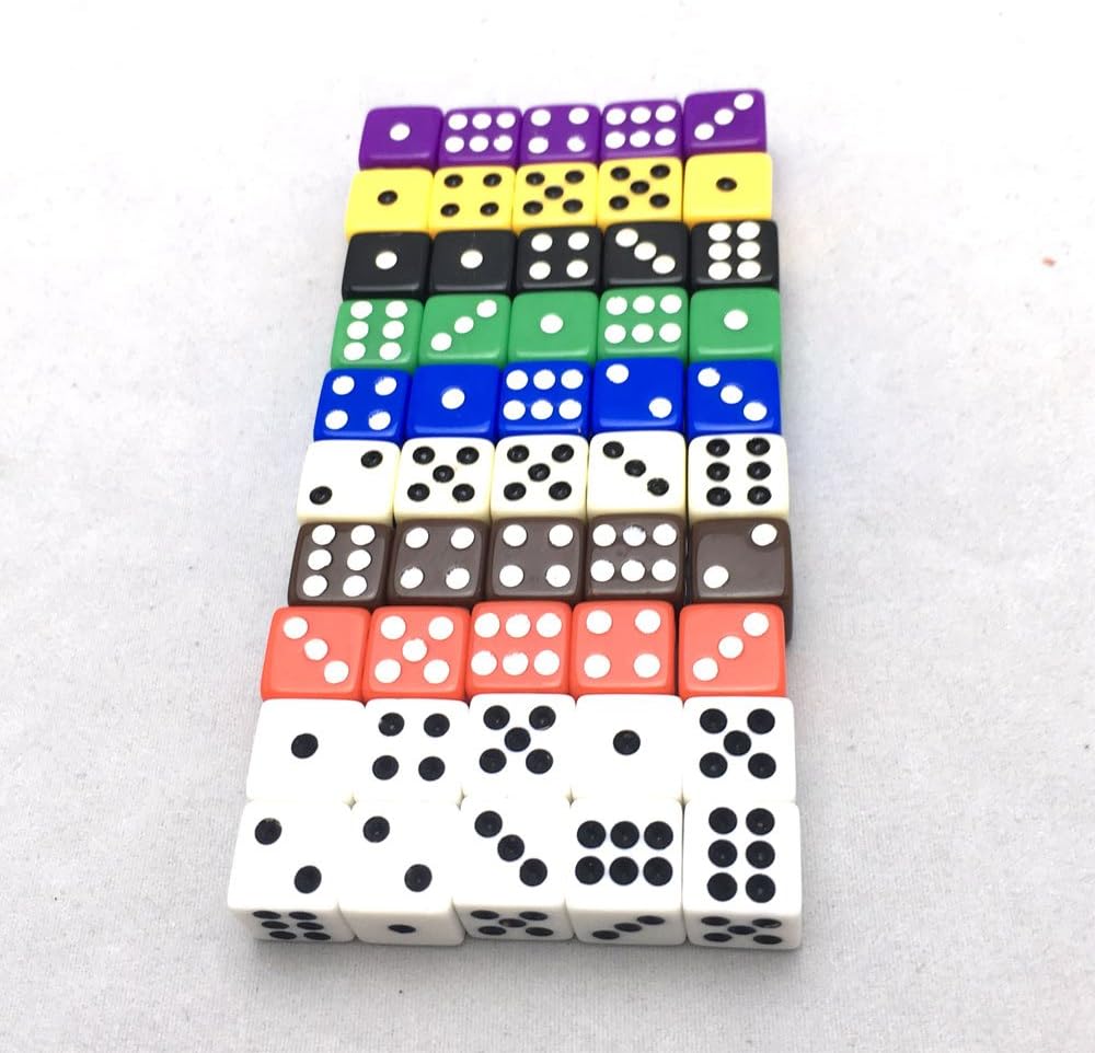 Paquete de 50 dados opacos D6 de seis caras de 0.472 pulgadas (0.472 in), color aleatorio (por lo menos 5 colores)