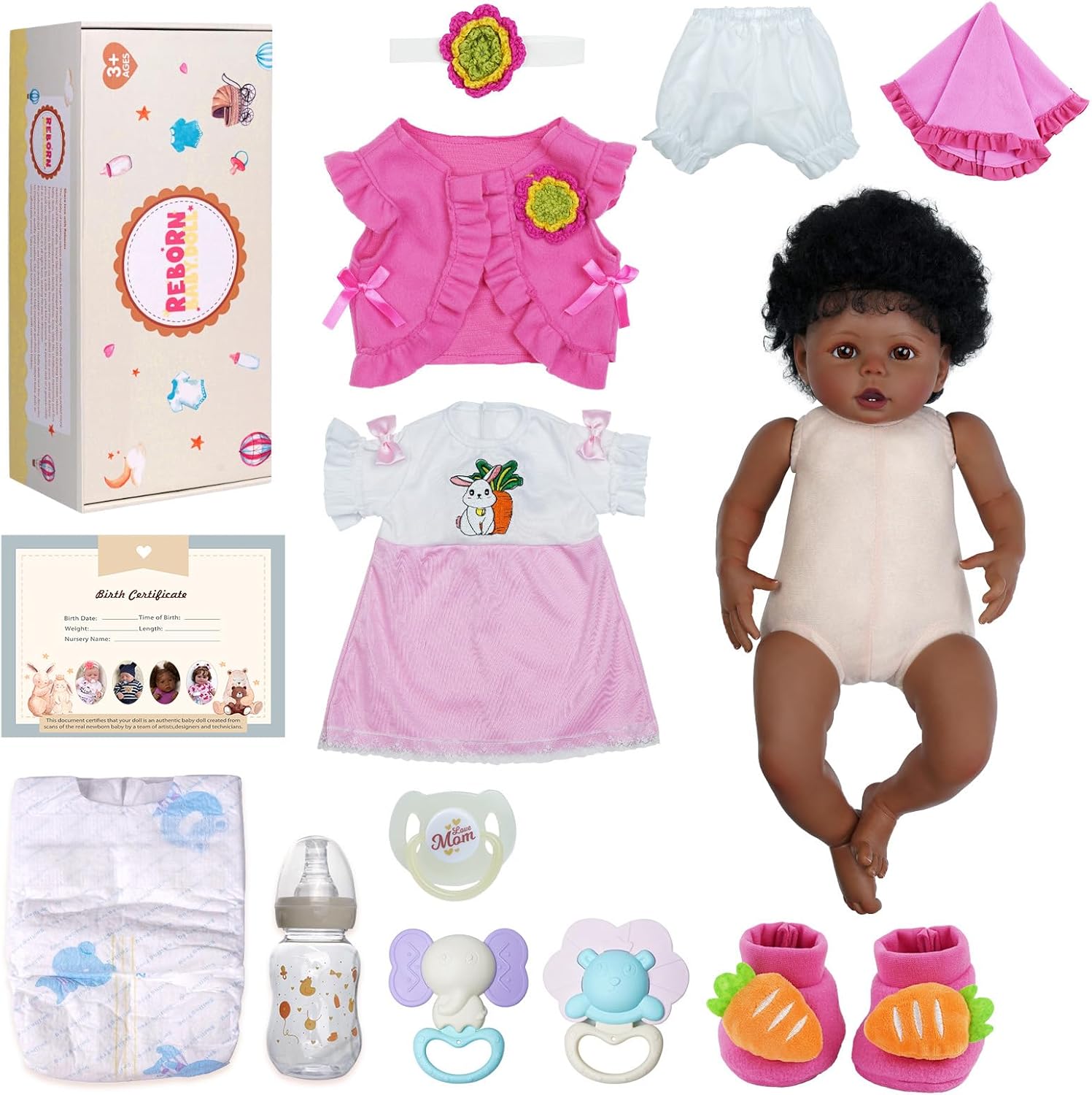 Muñecas realistas de bebé recién nacidas afroamericanas de 20 pulgadas que se ven reales con juguetes de conejo, juego de ropa para niñas y niños a