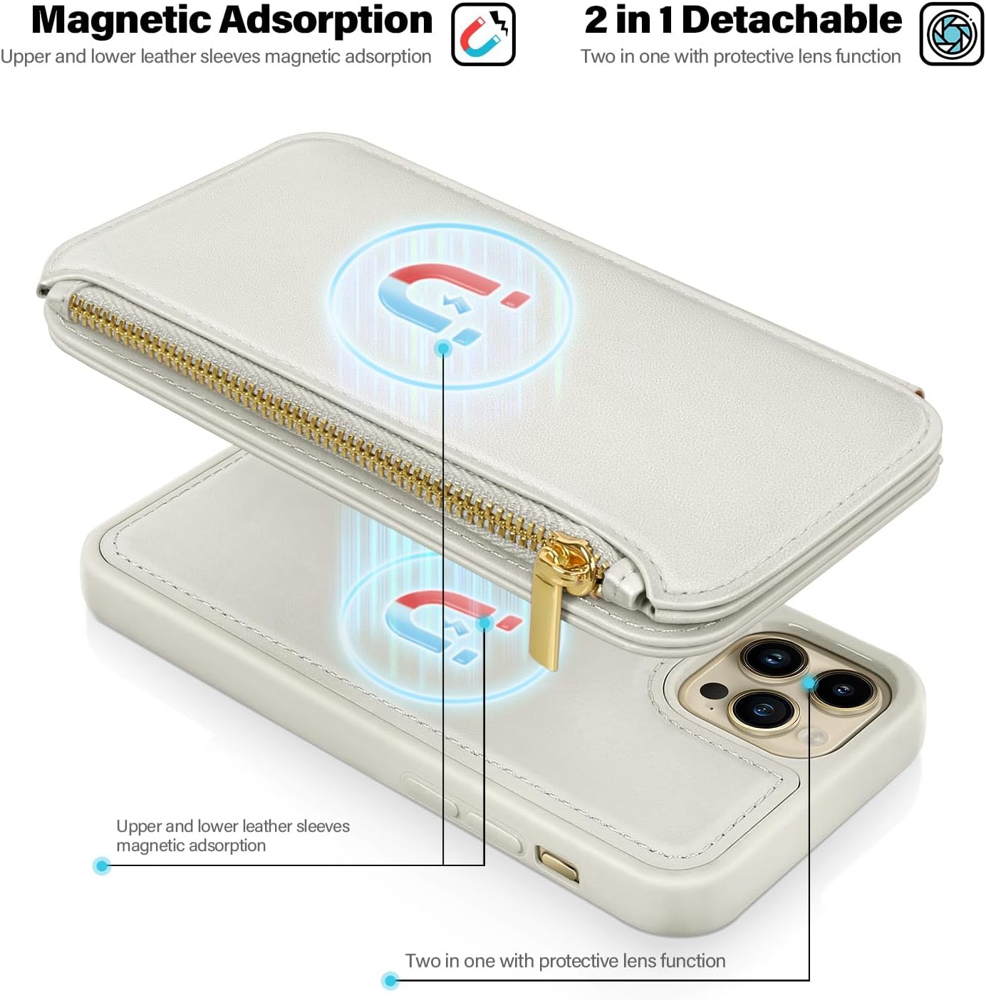 Antsturdy Funda tipo cartera desmontable 2 en 1 para iPhone 14 Pro Max con MagSafe, bloqueo RFID, carga magnética, inalámbrica, funda de piel