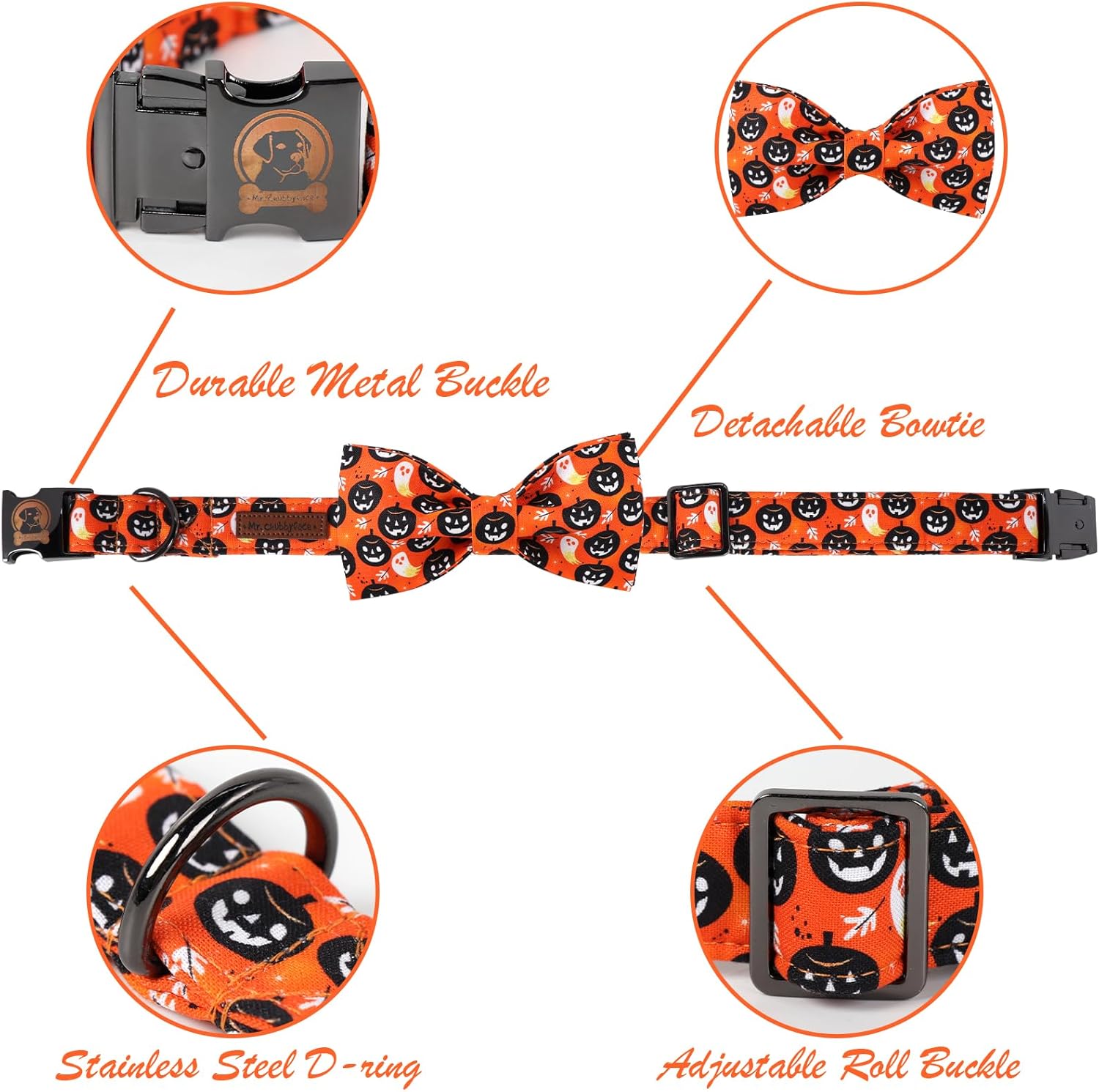 Collar de perro de Halloween con lazo MR. CHUBBYFACE – Collar con diseño de calabaza y fantasma con corbatín para cachorros, perros pequeños,