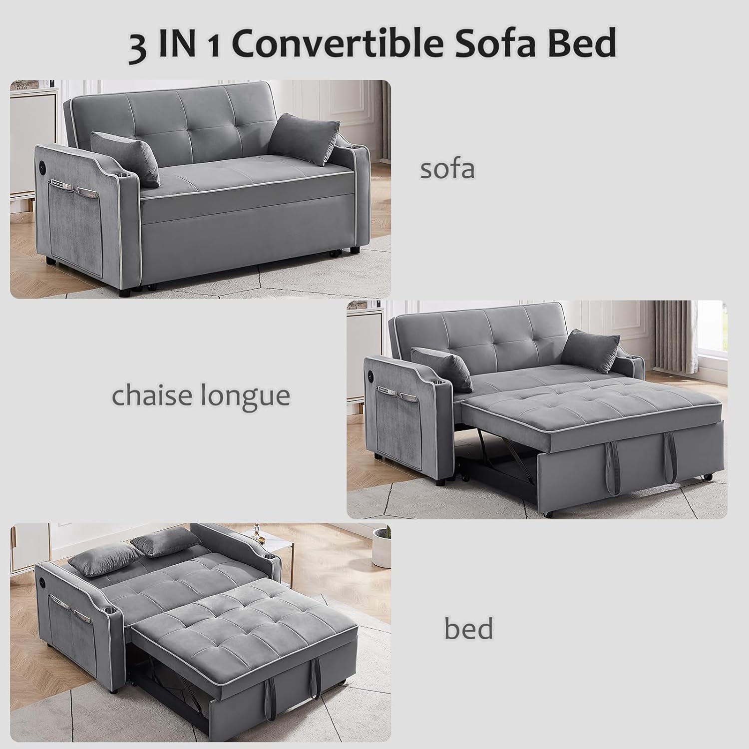 Sofá cama convertible 3 en 1 con puertos USB, cómodo sofá biplaza de terciopelo de 55 pulgadas con portavasos, sofá cama extraíble con