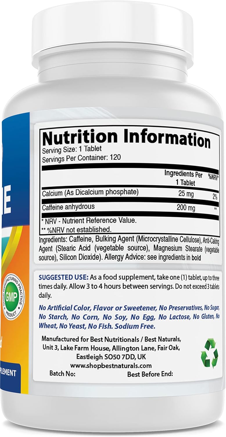 Best Naturals Píldoras de cafeína de 200 mg, 120 unidades