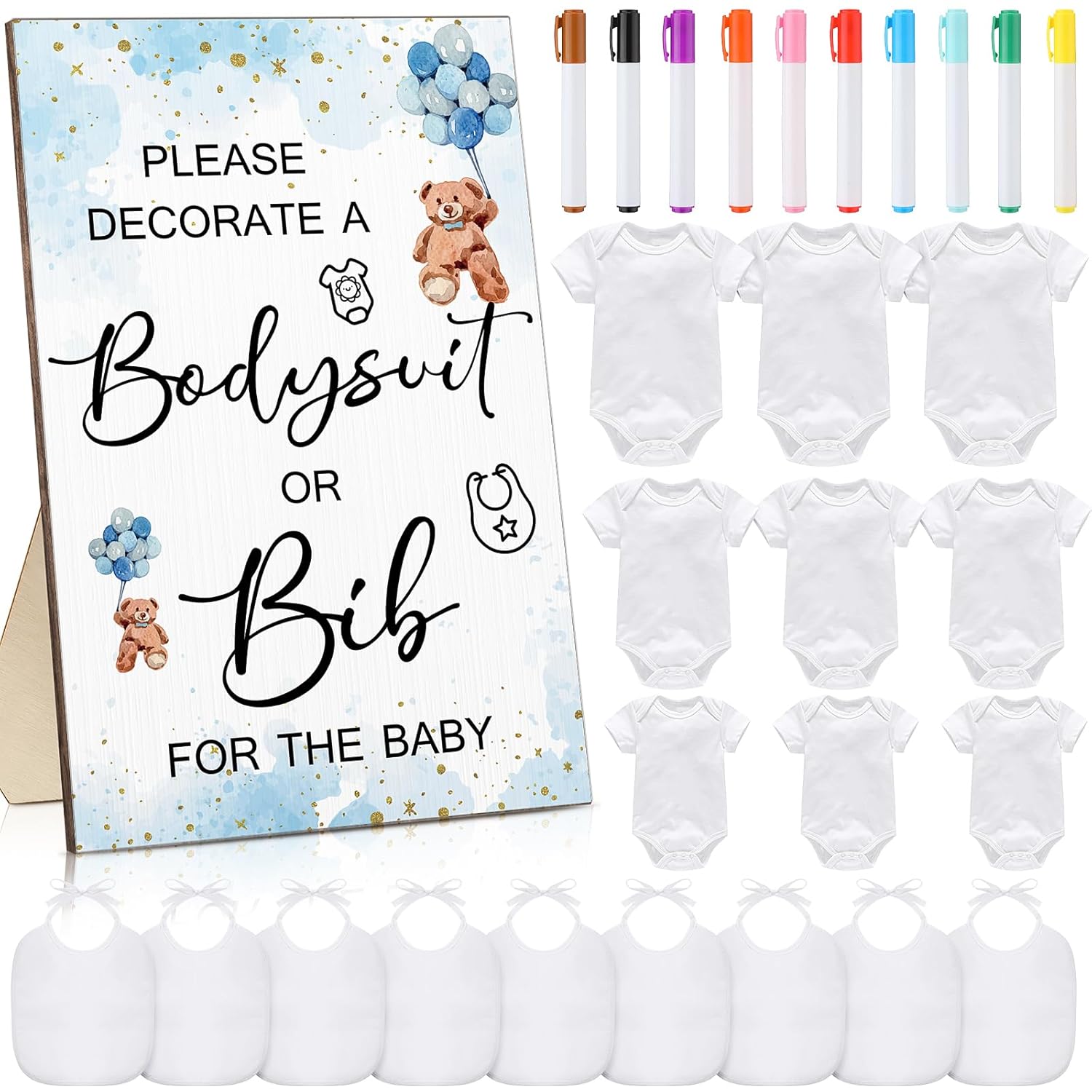 35 piezas de juegos de baby shower, diseño de baberos de bebé, letrero de madera para baby shower, letrero de bricolaje, 15 baberos blancos en