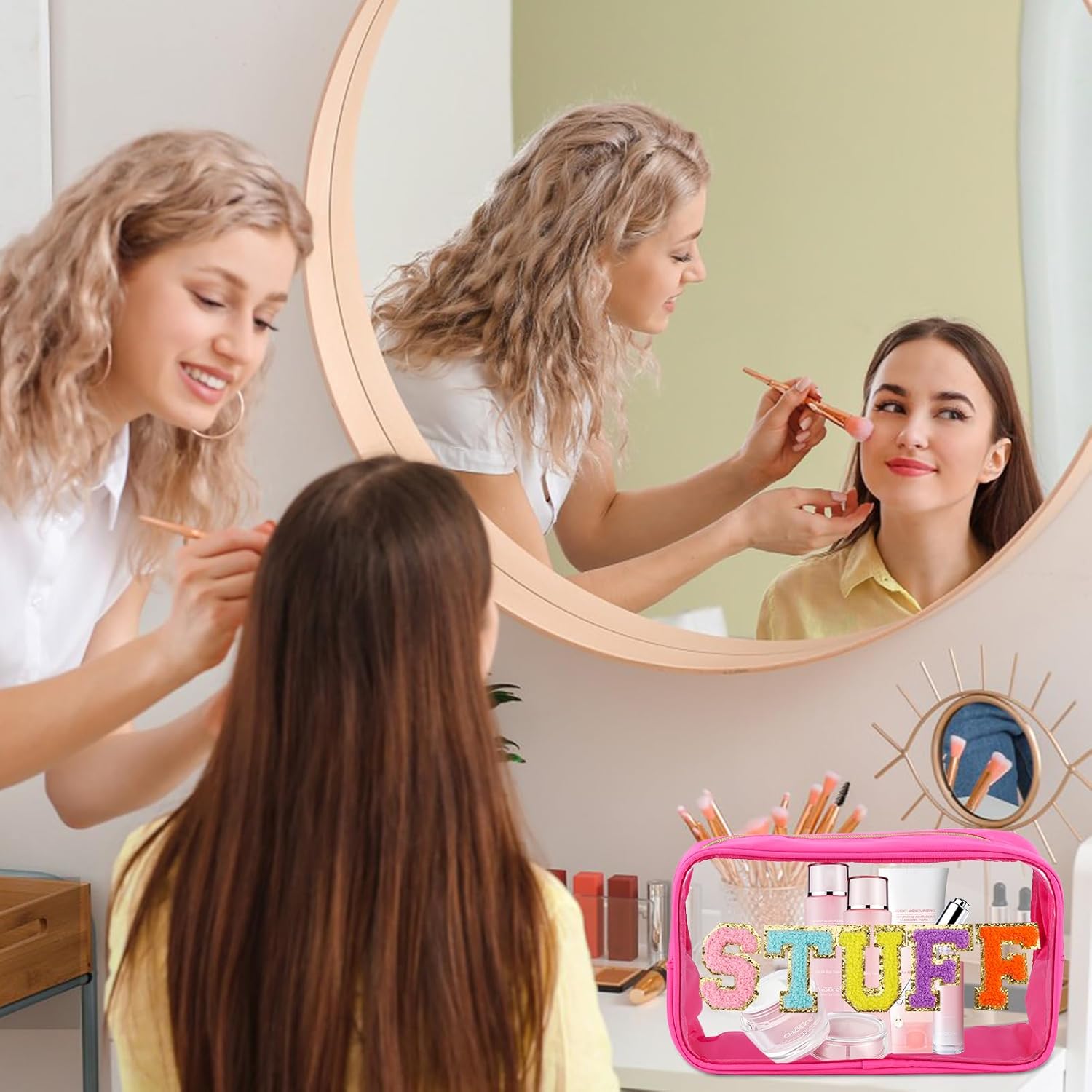Juego de 2 bolsas de maquillaje transparentes y preppy, grandes, pequeñas, de viaje, con letras de chenilla, bolsa de cosméticos de nailon y PVC,
