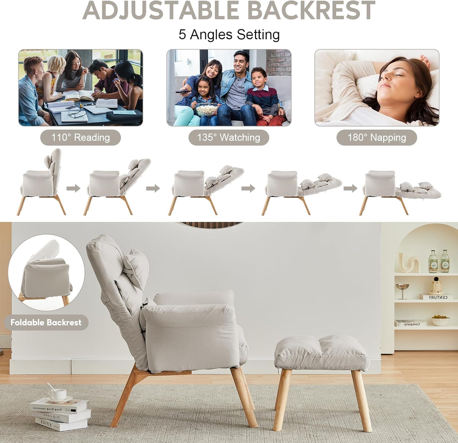 CLIPOP Silla decorativa moderna con otomana, sillón de tela de lino con respaldo ajustable (5 ángulos), patas de madera maciza, cómoda silla de