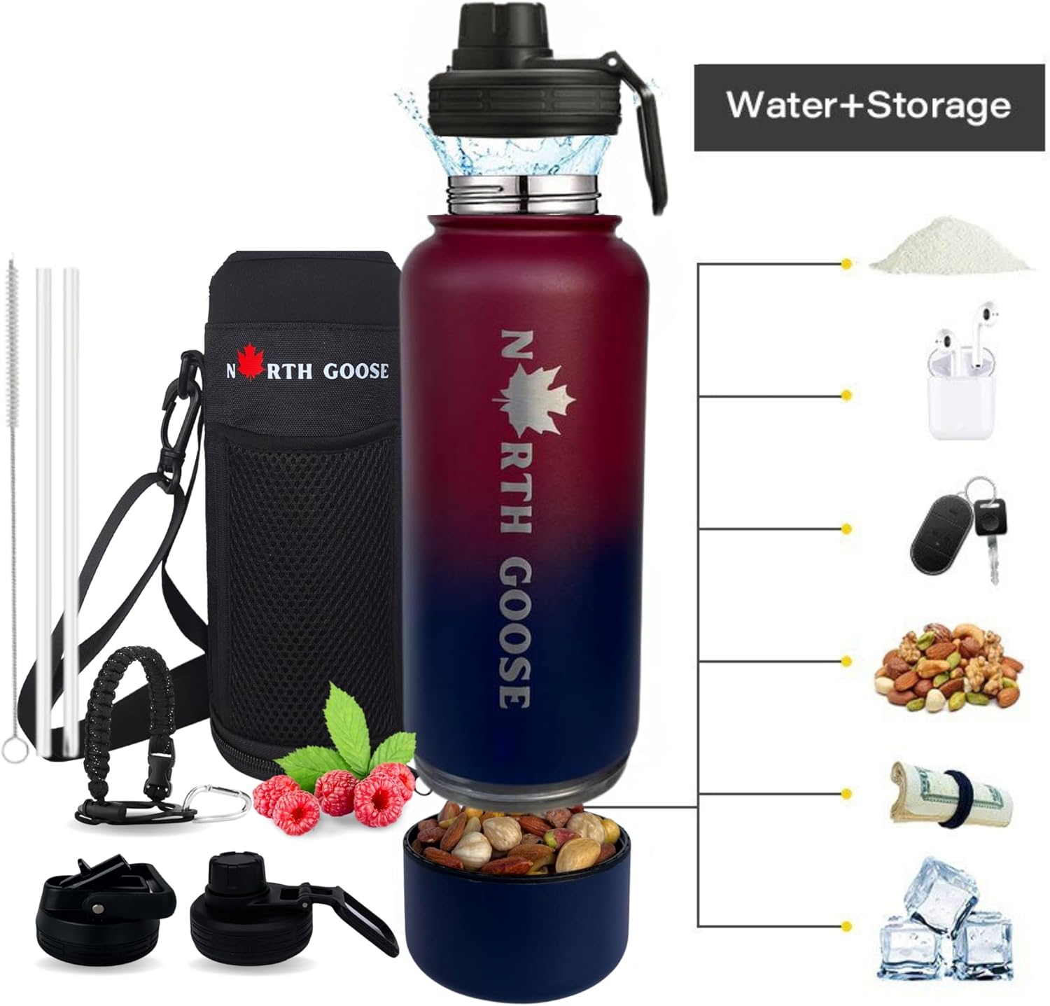 Botella de agua aislada con popote, 2 tapas, bolsa de transporte y cuenco desmontable. Frasco de agua de acero inoxidable a prueba de fugas sin BPA.