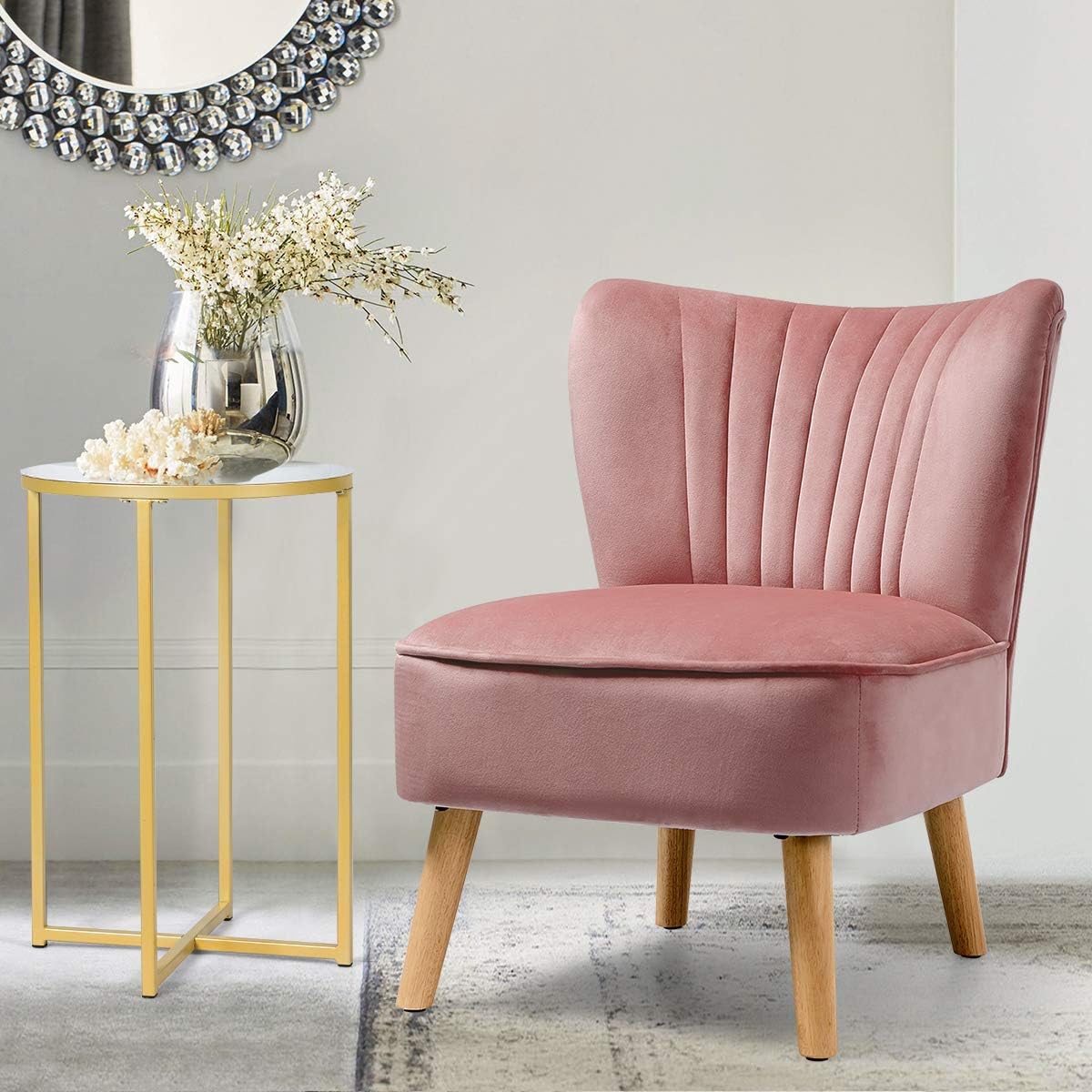 Giantex Silla decorativa de terciopelo, moderna silla tapizada con patas de madera, acolchada gruesa, sillas pequeñas sin brazos para sala de estar,