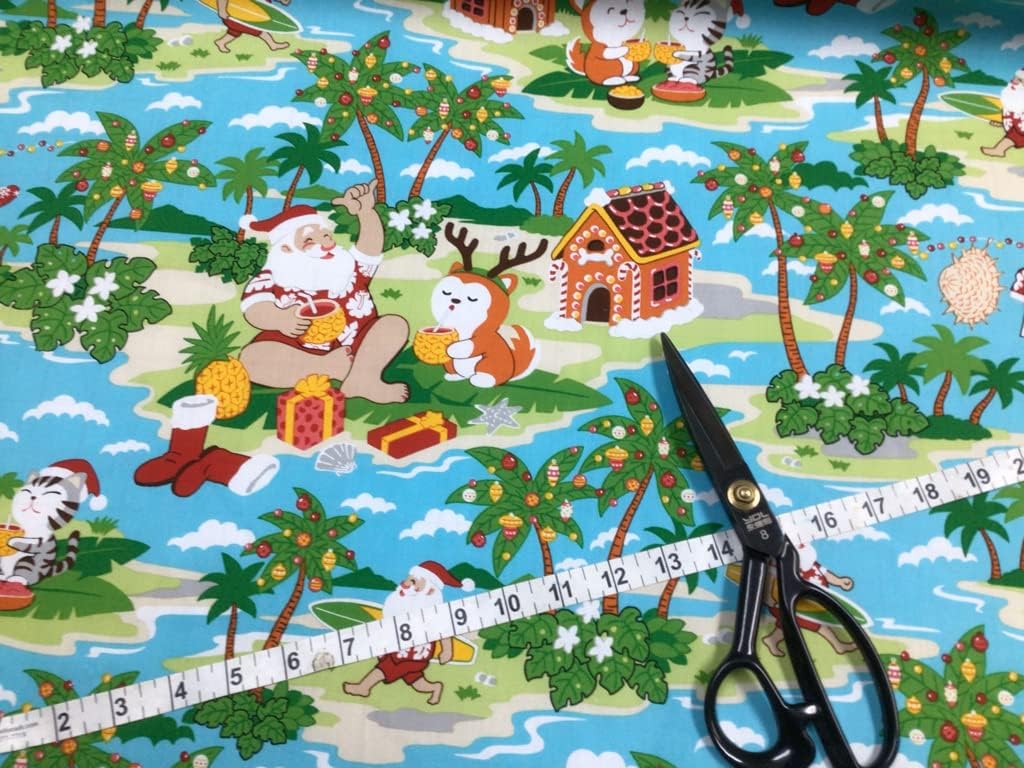 Tela hawaiana con estampado de Papá Noel de fondo azul en algodón vendido por The Yard