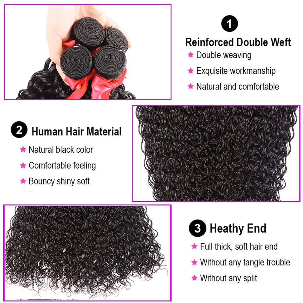 Miss GAGA – Cabello virgen peruano ondulado de grado 8A, 3 paquetes con cierre, pelo negro virgen natural no procesado, con cierre de encaje de 4 x