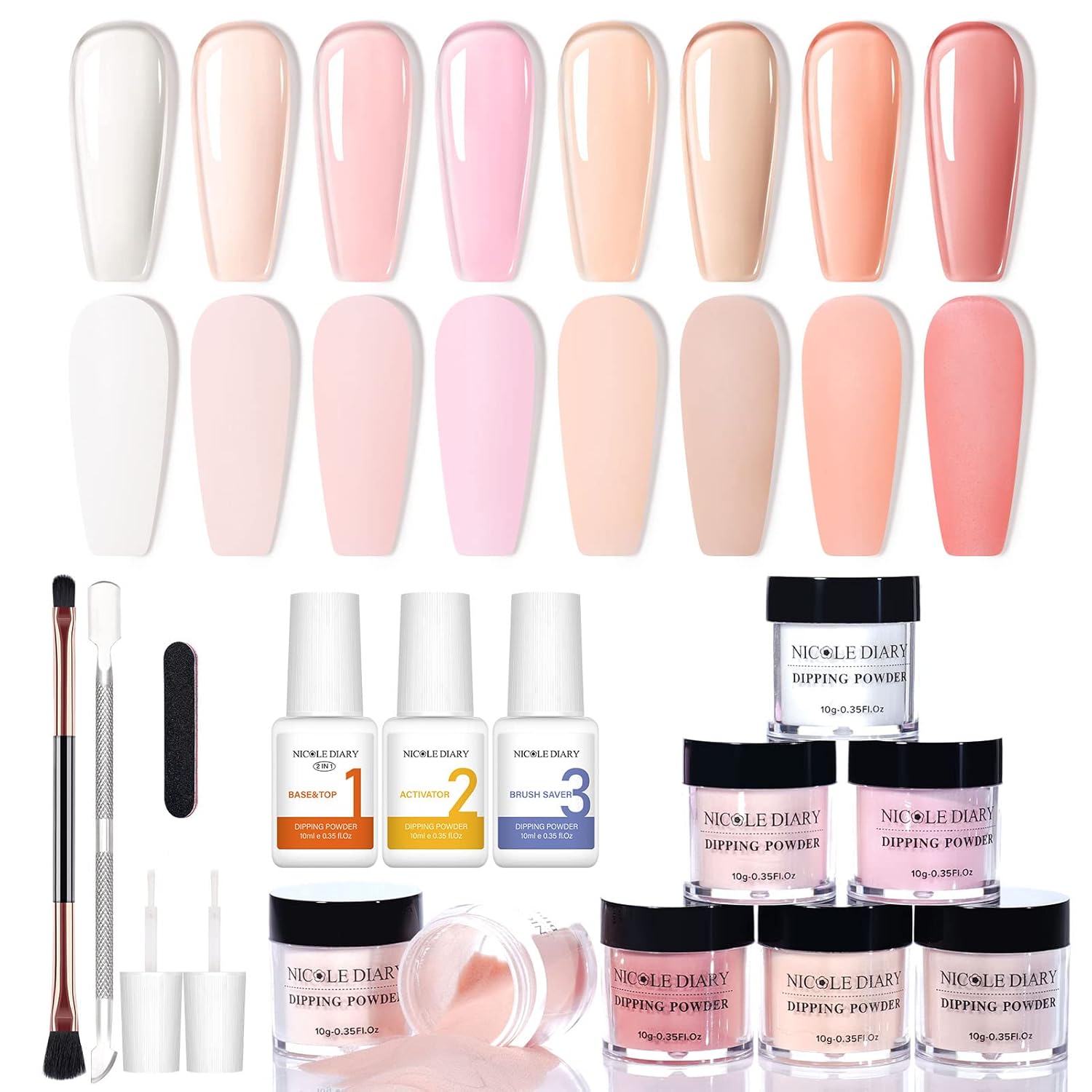 NICOLE DIARY – Kit de iniciación de polvo de inmersión para uñas de inmersión en 8 colores, color rosa nude transparente, con polvo de inmersión