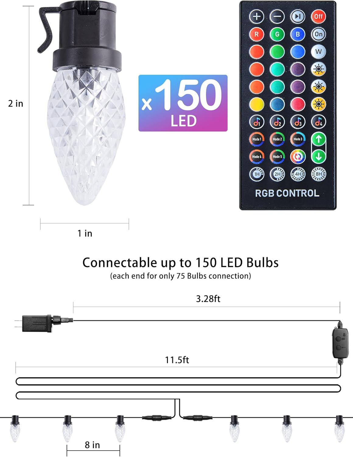 Minetom Luces de Navidad inteligentes C9 RGB, 98 pies, 150 luces LED C9 que cambian de color con aplicación remota de sincronización de música, tira