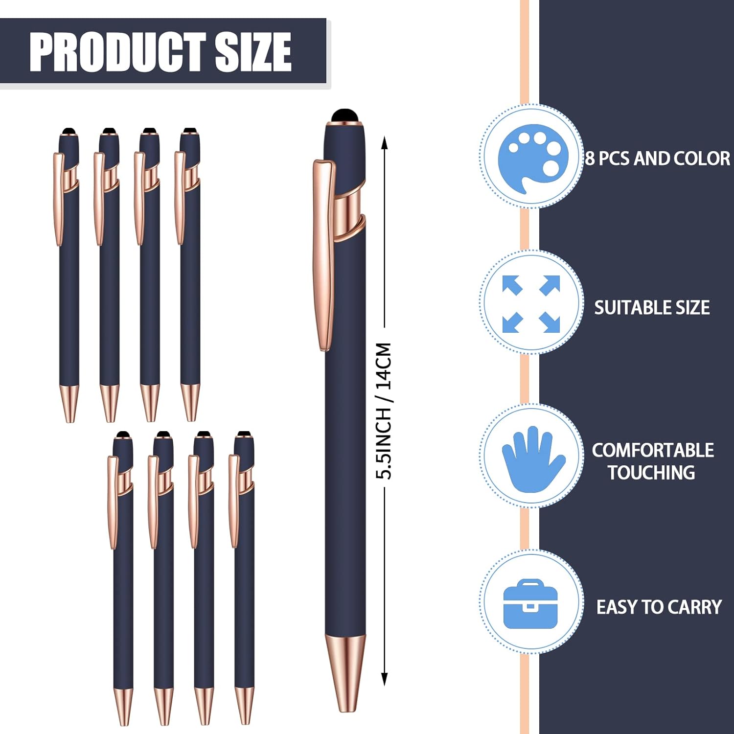 Lragvtbk 8 bolígrafos de tinta azul con punta de lápiz capacitivo 2 en 1, bolígrafos de metal, para pantallas táctiles, escuela, oficina, compañeros
