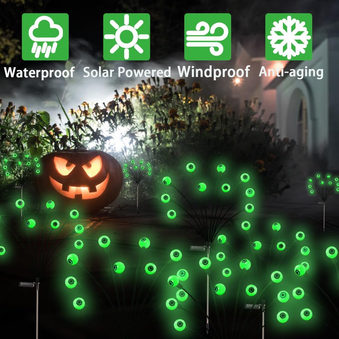 Luces solares de Halloween para exteriores, luces de ojos oscilantes y aterradoras, 2 paquetes de 20 globos LED verdes, decoración de Halloween,