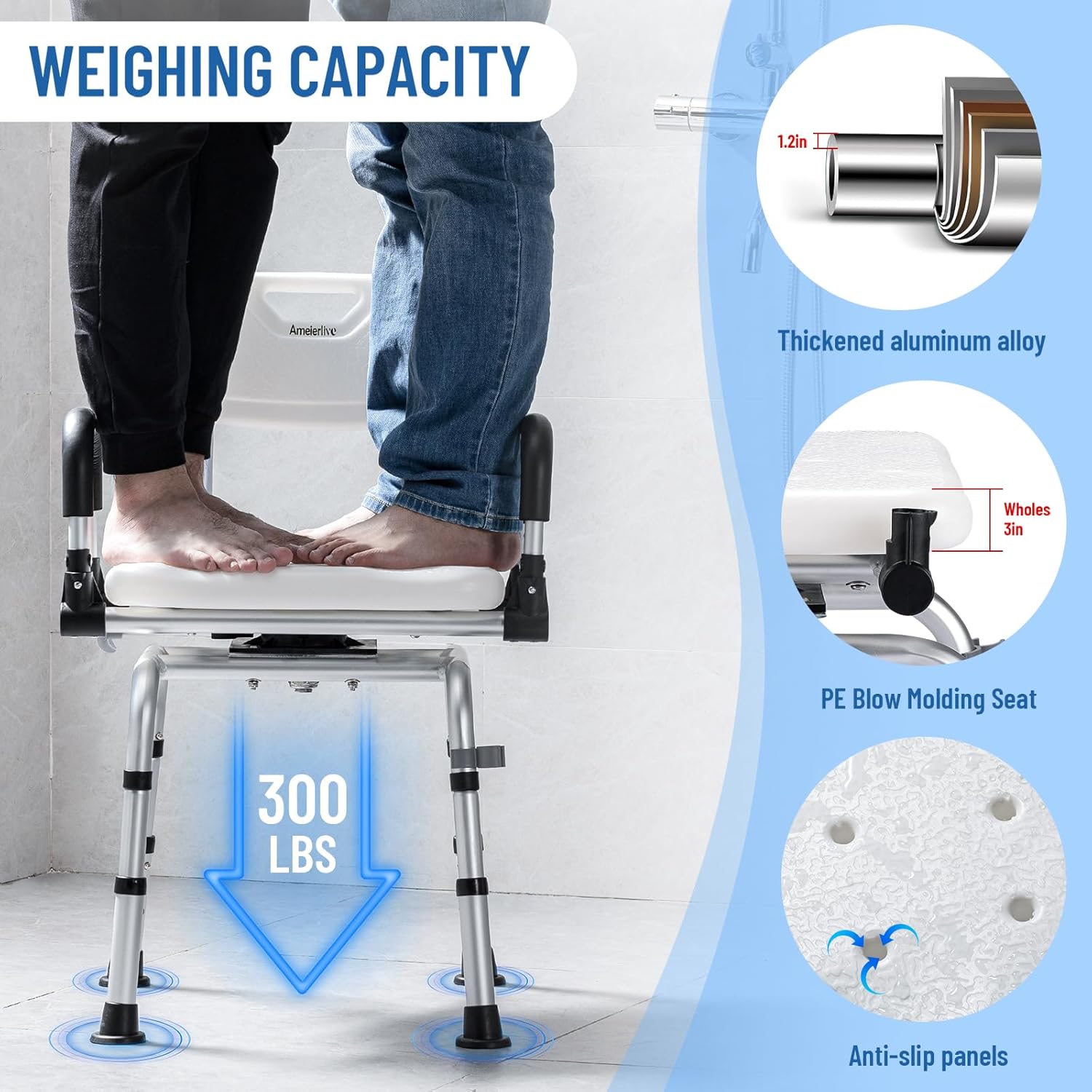 Ameierlive – Silla de ducha con reposabrazos y respaldo para ducha interior, asientos de baño con rotación de 360 para ancianos, discapacitados,