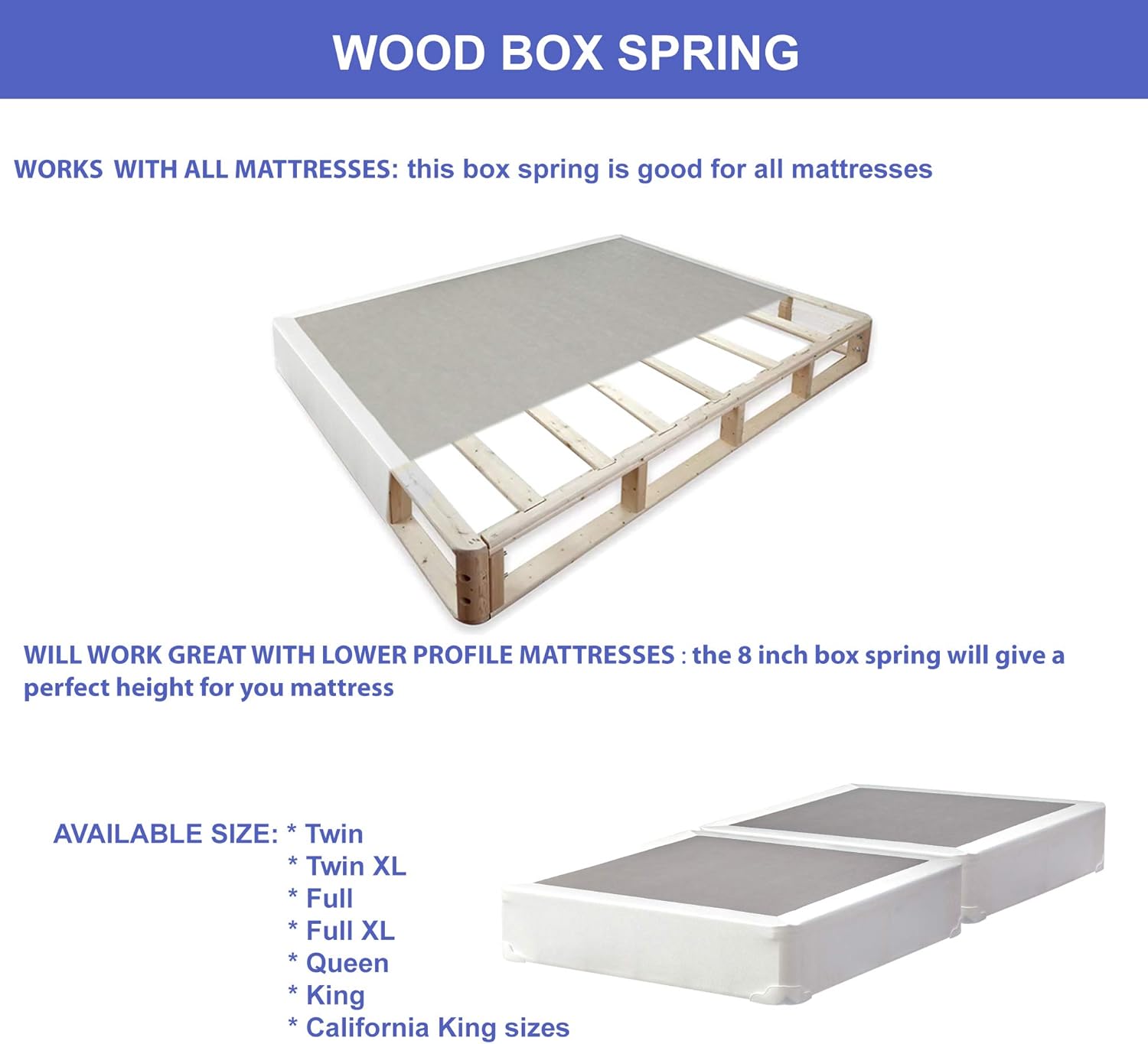 Mattress Solution Somier tradicional de madera dividida de perfil bajo totalmente ensamblado para colchón, individual, gris y blanco