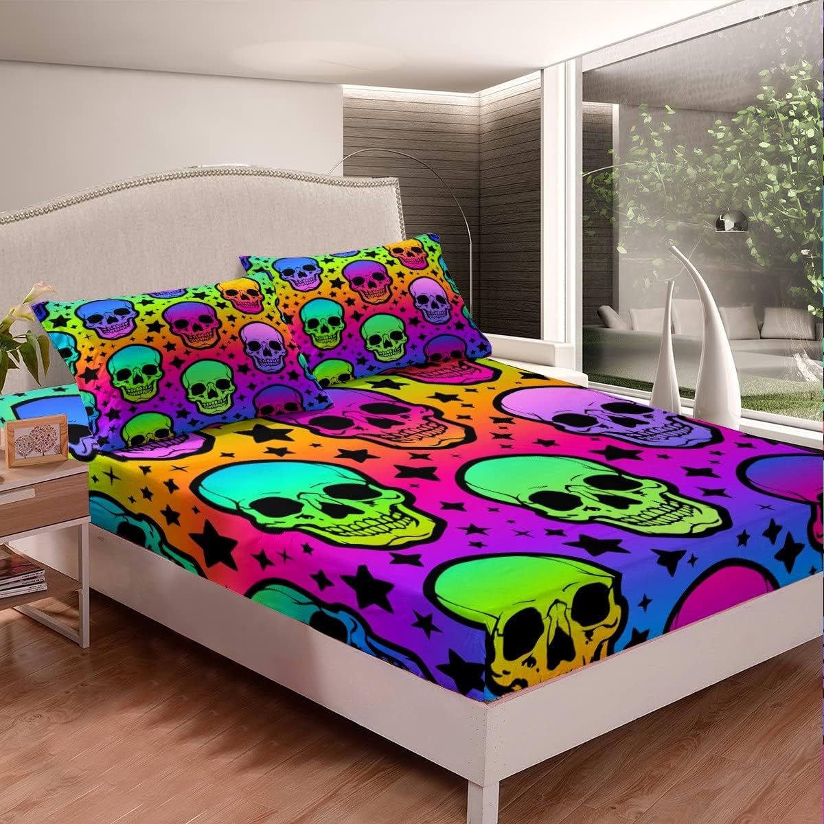 Erosebridal Sábana bajera ajustable de calavera colorida tamaño Queen, diseño de galaxia, diseño de estrellas psicodélicas, juego de cama con diseño
