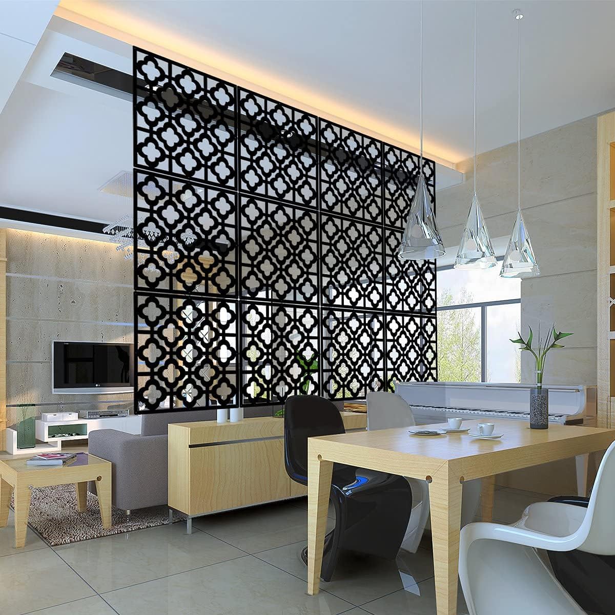 Kernorv Divisor de habitación colgante hecho de PVC ecológico, 24 piezas de paneles de pantalla para decorar dormitorio, comedor, estudio y sala de