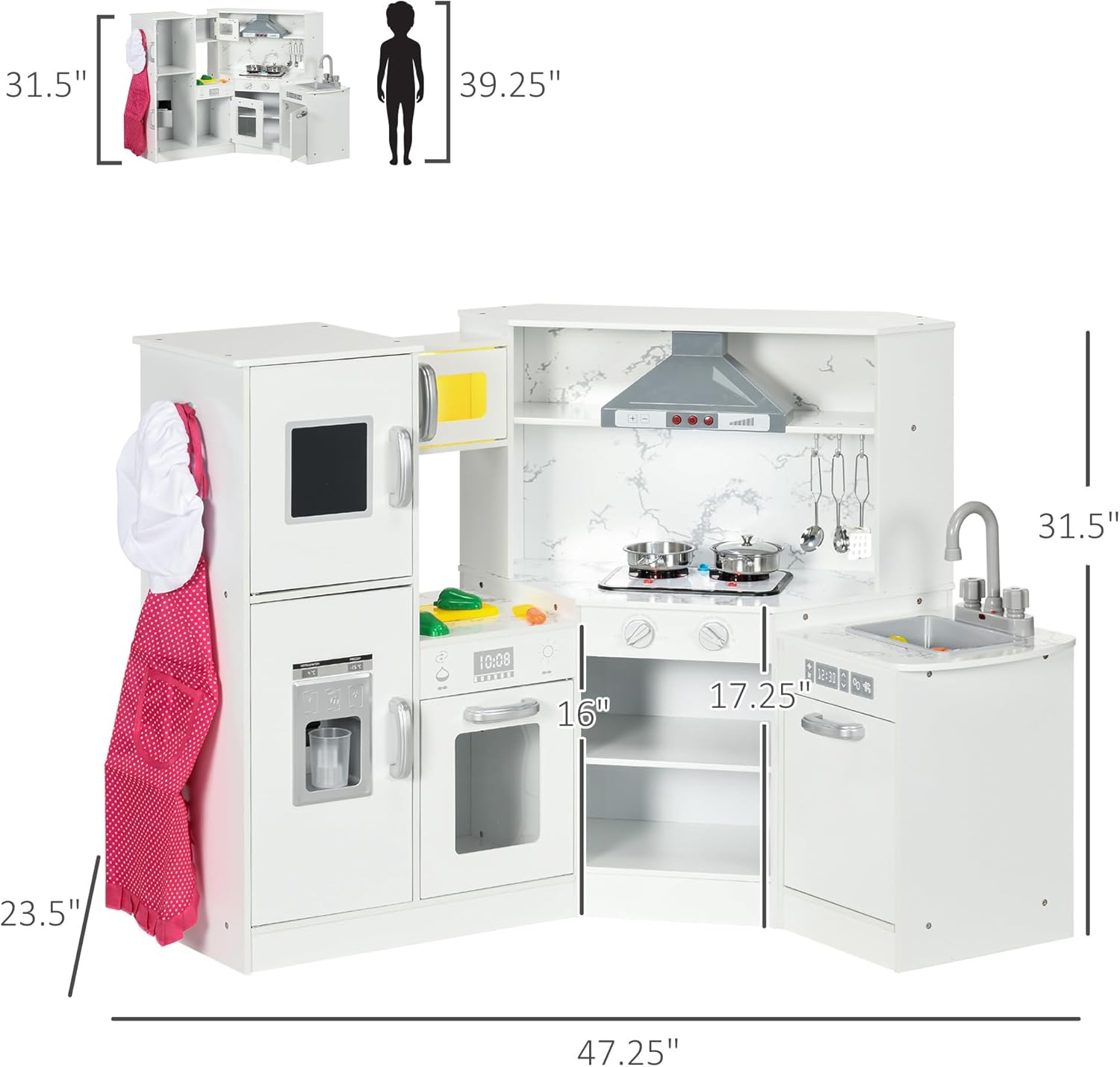 Qaba Juego de cocina de madera para niños pequeños, juguete de simulación para niños con luces, sonidos, delantal y sombrero de chef, máquina de
