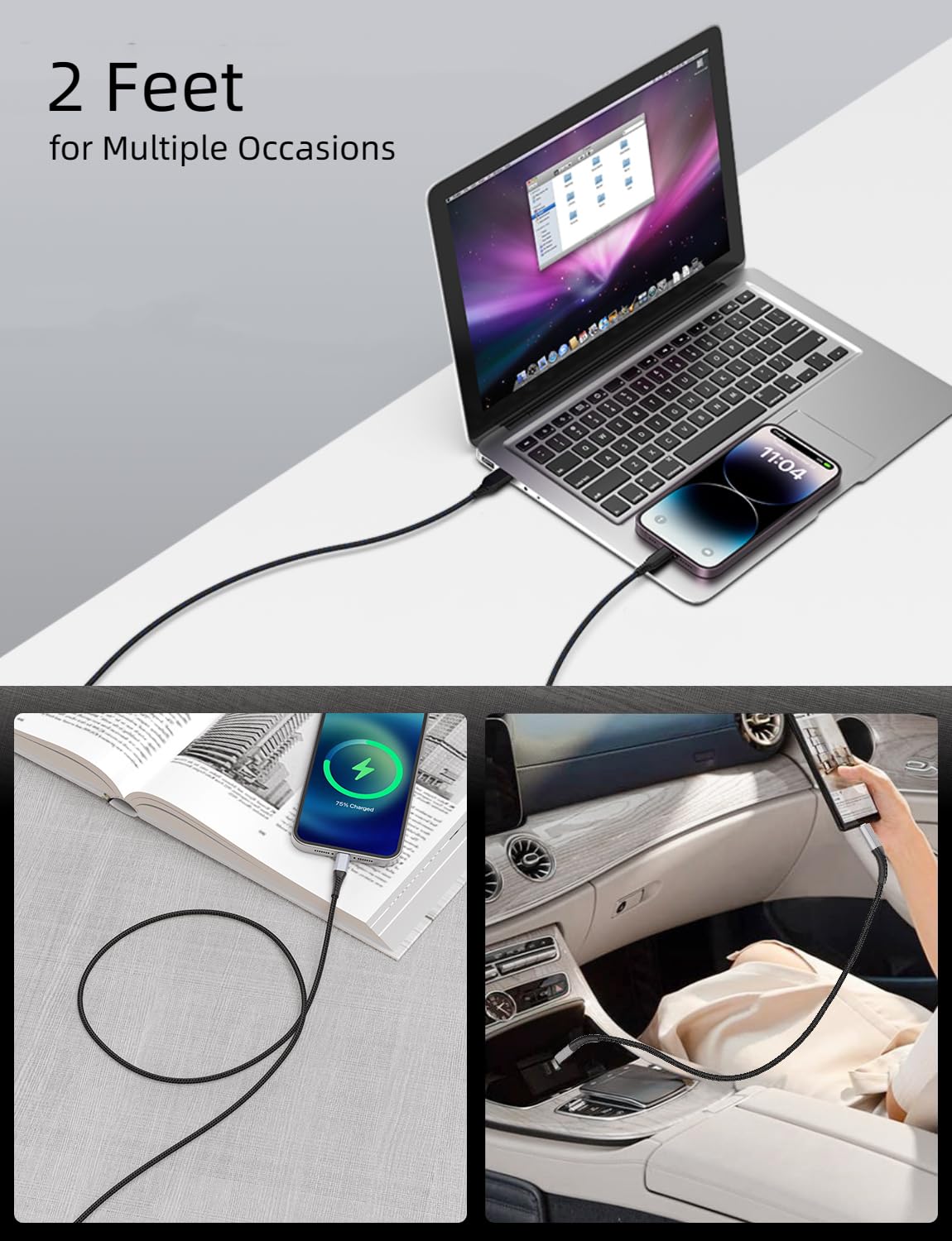 Cable corto USB C a Lightning de 2 pies, paquete de 3 cables de carga USB C trenzado de 2 pies tipo C a Lightning cable PD de carga rápida para