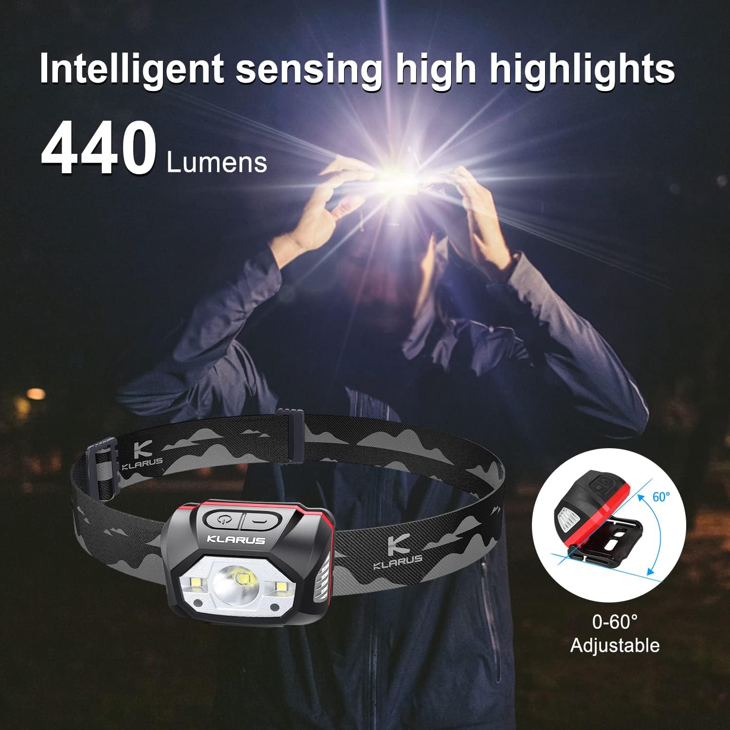 klarus HM1 – Linterna frontal recargable de 440 lúmenes, con sensor de movimiento, 5 modos, 70 horas de tiempo de funcionamiento, luces LED