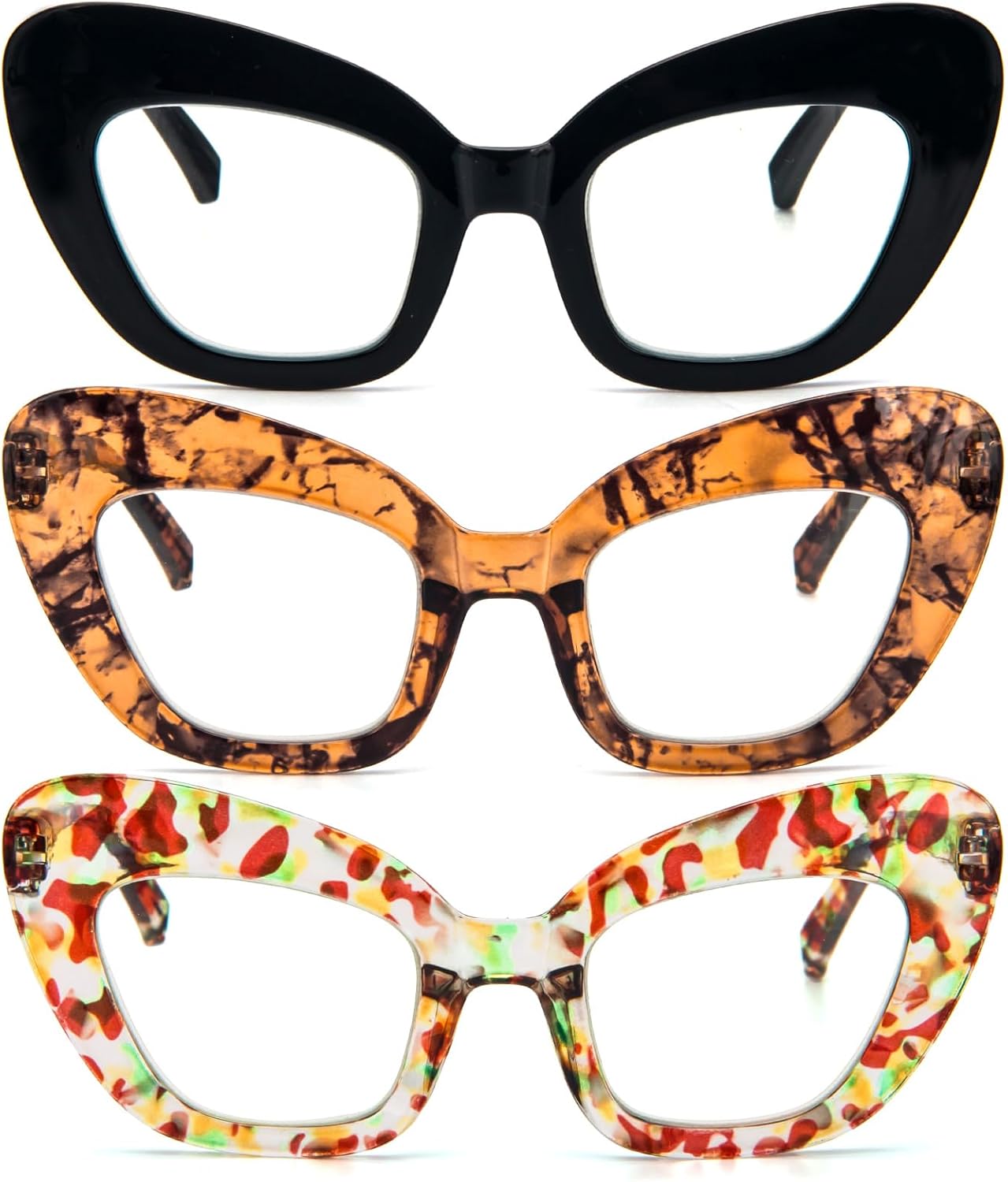 REAVEE Paquete de 3 lentes de lectura de gran tamaño para mujer, bloqueo de luz azul, elegante, grueso, marco grande, bisagra de resorte, flor negra