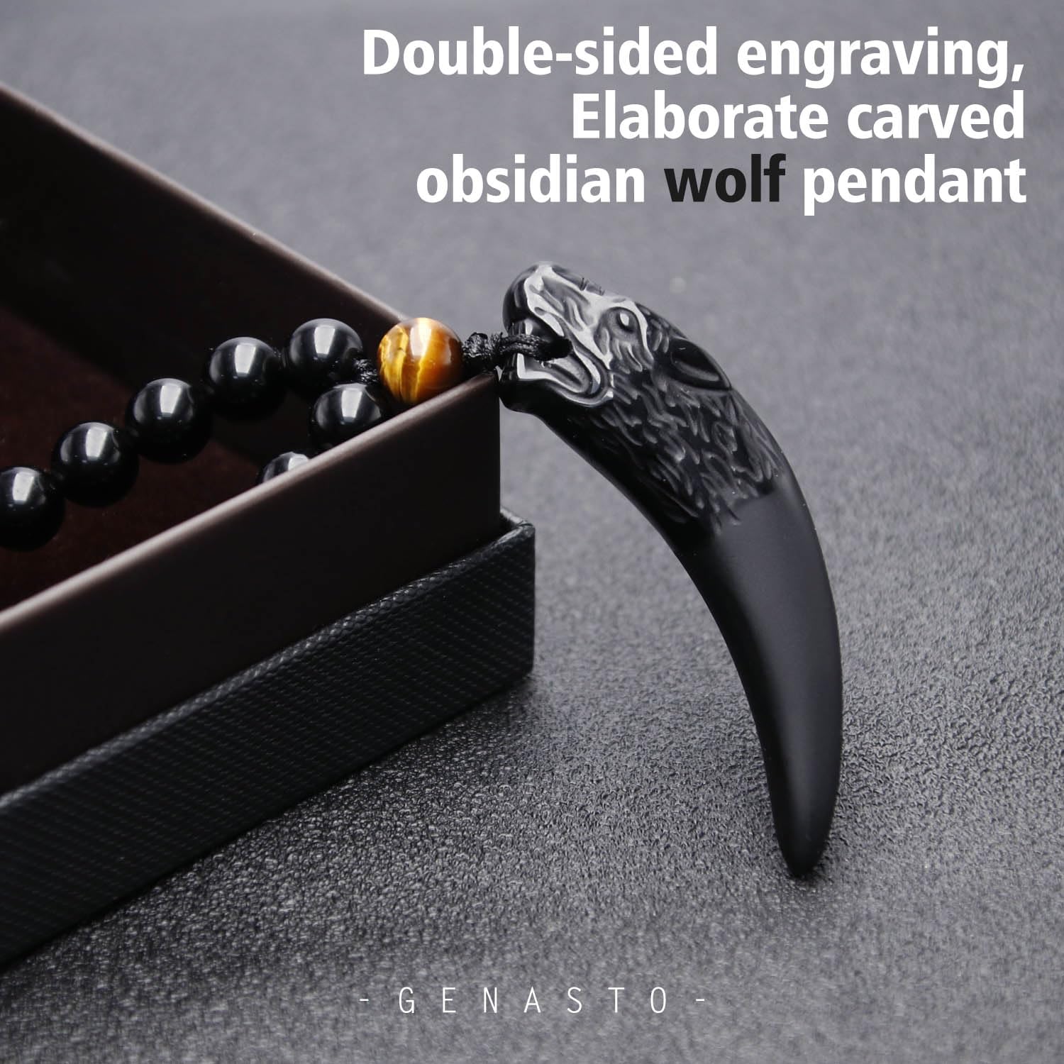 GENASTO Wolf Tooth Necklace Black Obsidian Stone Beads and Tiger Eye Necklace and Tiger Eye Natural Stone Crystal Healing Prayer Necklace for Men