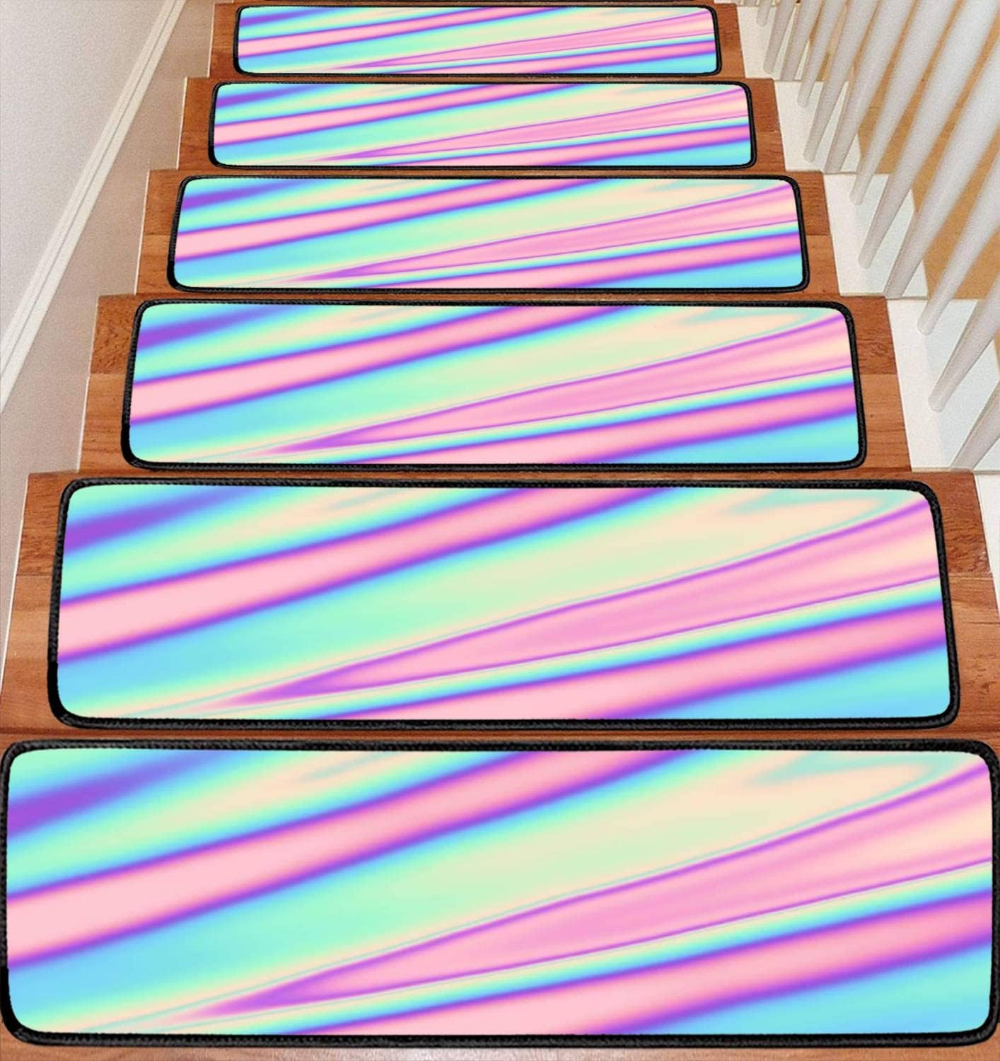 Juego de 13 alfombras para peldaños de escalera, colores pastel, neón, holográficos, degradados, borrosos, ondulados, antideslizantes,
