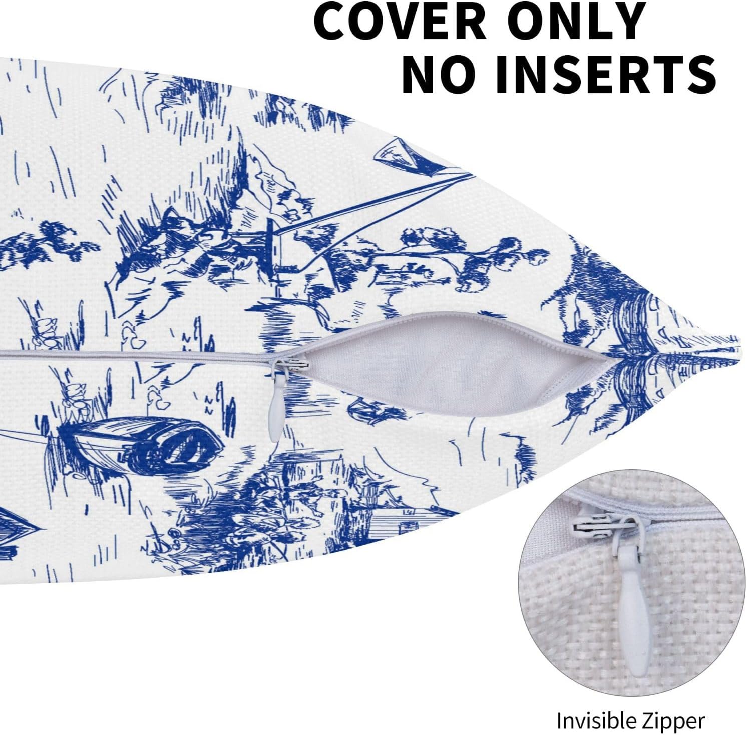 Fundas de almohada Toile, funda de almohada azul Toile, decoración de campo francés, funda de almohada azul y blanca, fundas de almohada de lino