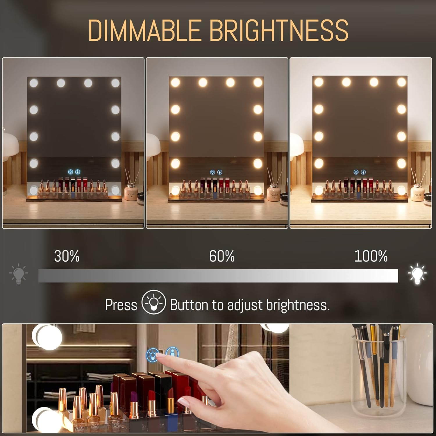 LVSOMT Espejo de tocador con luces, espejo de maquillaje iluminado para escritorio, espejo de tocador de Hollywood con organizador de maquillaje, 3