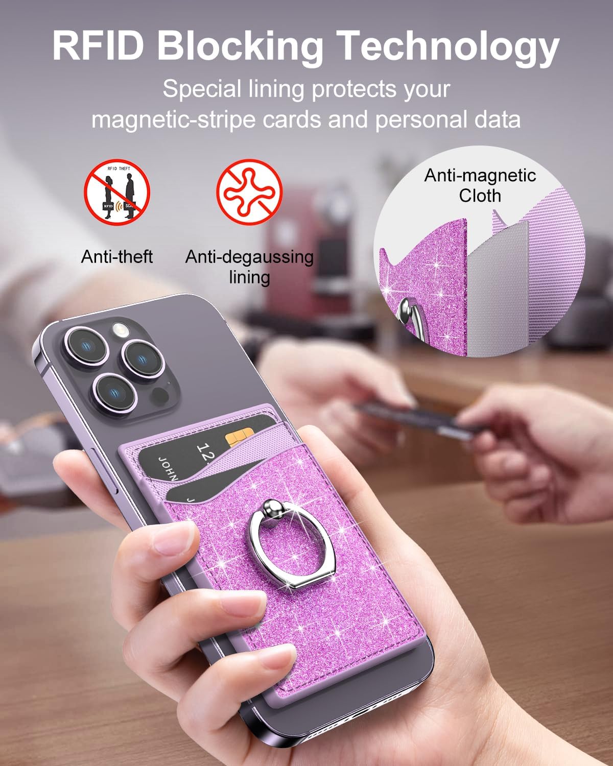 MagSafe – Cartera magnética de cuero para teléfono celular, tarjetero con anillo de rotación de 360, bloqueo RFID, 2 anillos de metal compatibles