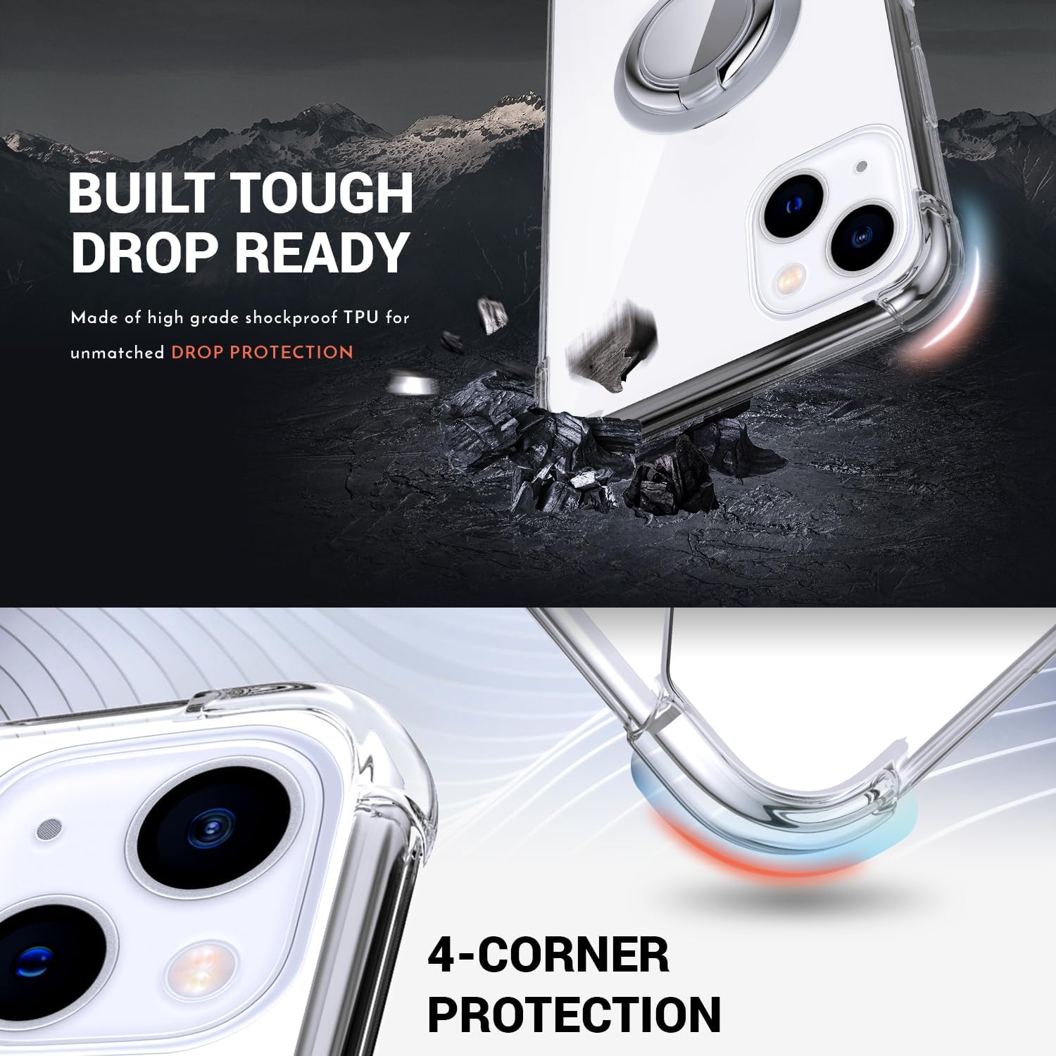 Silverback Funda transparente para iPhone 15 Plus con soporte de anillo, amortiguador de golpes, a prueba de golpes, funda para iPhone 15 Plus de