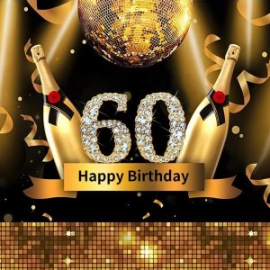 Cinta brillante de 7 x 5 pies, color dorado con texto en inglés “Cheers”, con diamantes brillantes y brillantes, número 60, color negro y dorado Cinta brillante de 7 x 5 pies, color dorado con texto en inglés “Cheers”, con diamantes brillantes y brillantes, número 60, color negro y dorado