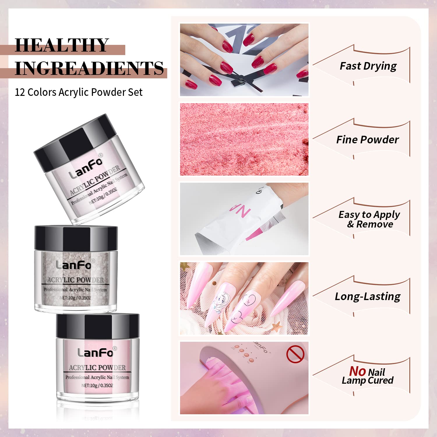 LanFo Juego de polvos acrílicos de 12 colores para uñas, polvo acrílico rosa, marrón, brillantina, polvo acrílico profesional, extensión de polvo de