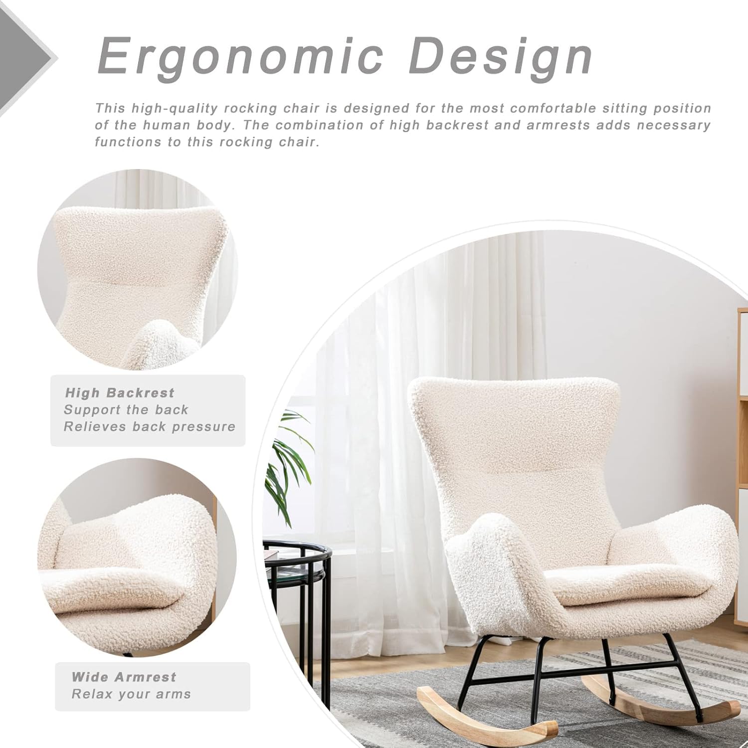 Silla mecedora de tela de peluche, asiento acolchado con respaldo alto y reposabrazos, sillón acogedor, sofá individual, mecedora para sala de