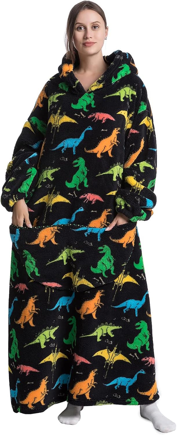 ZAJIO Manta larga con capucha para adultos, hombres y mujeres, súper suave y cálida, de franela Sherpa con mangas de bolsillo, dinosaurio multicolor
