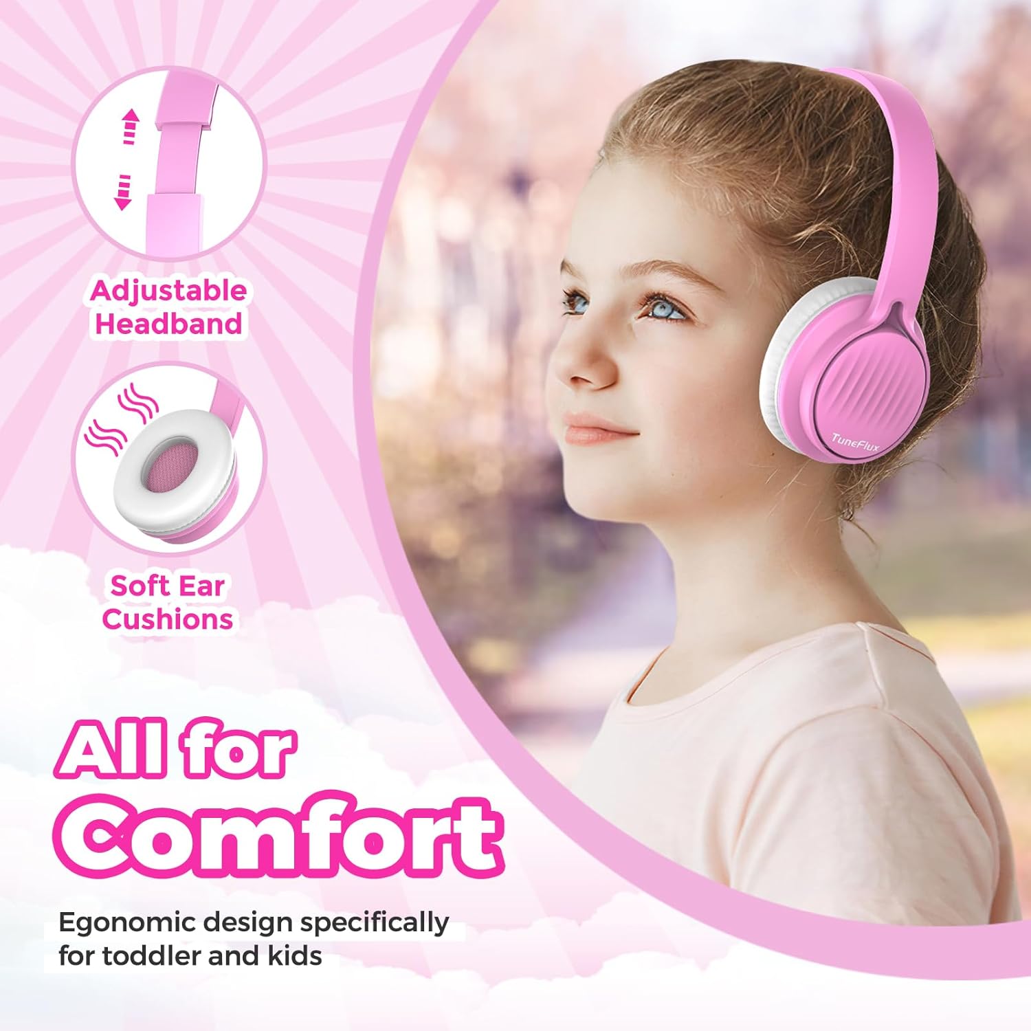 TuneFlux Auriculares para niños, auriculares para niños pequeños con limitador de volumen seguro de 85 dB, auriculares escolares con cable para