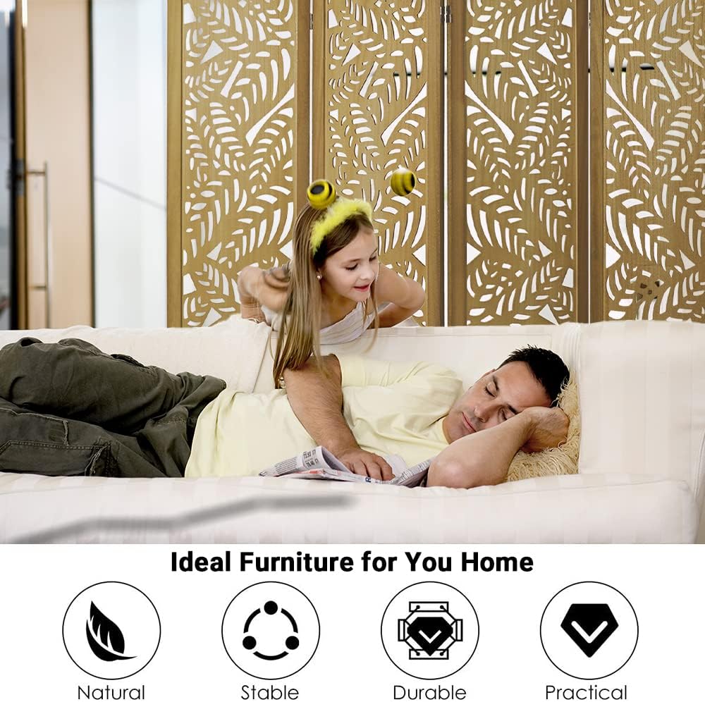 ECOMEX Divisor de ambientes de madera de 5.6 pies con recorte de 4 paneles y pantallas plegables, separadores de ambientes tallados para oficina en
