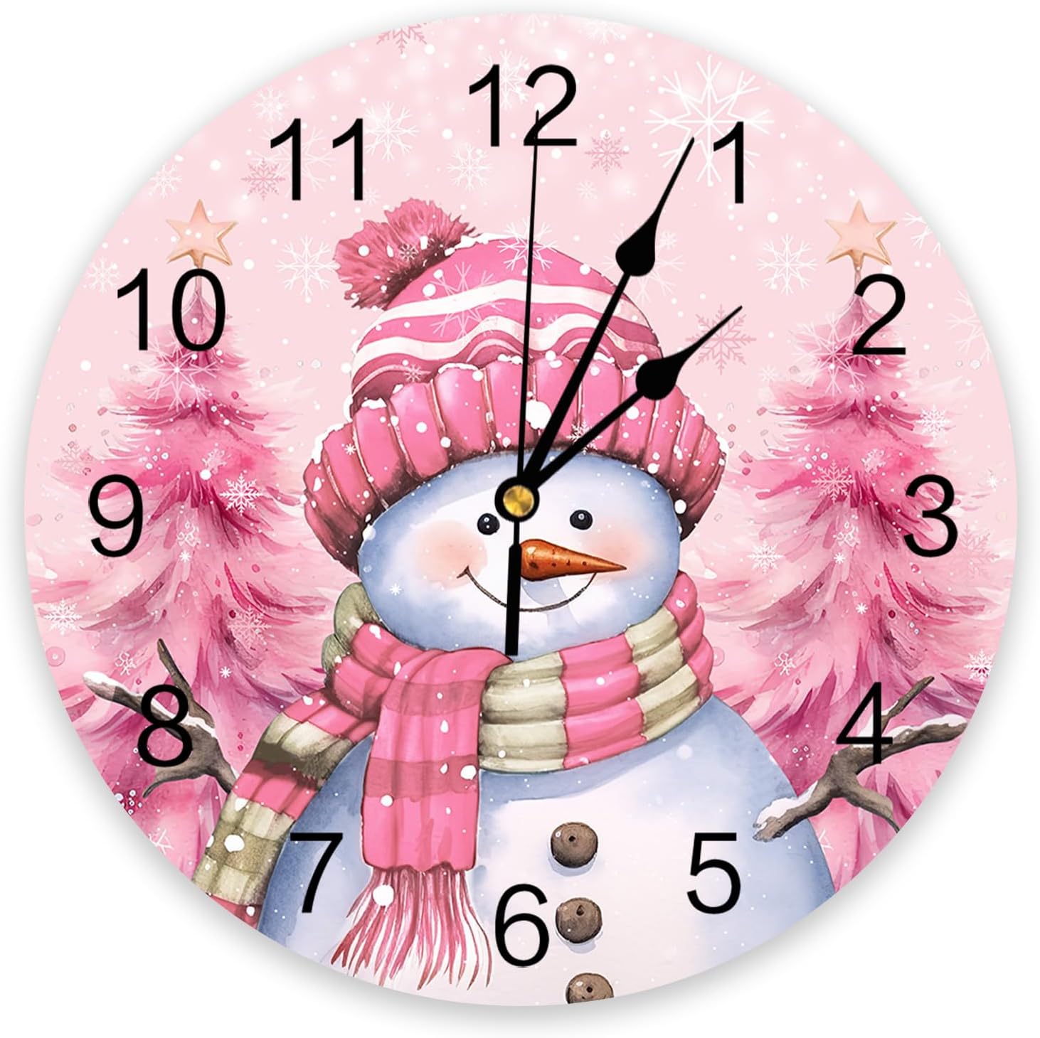 Artwork Store Reloj de pared de Navidad silencioso de 10 pulgadas, con diseño de muñeco de nieve rosa, copo de nieve, funciona con pilas, elegante,