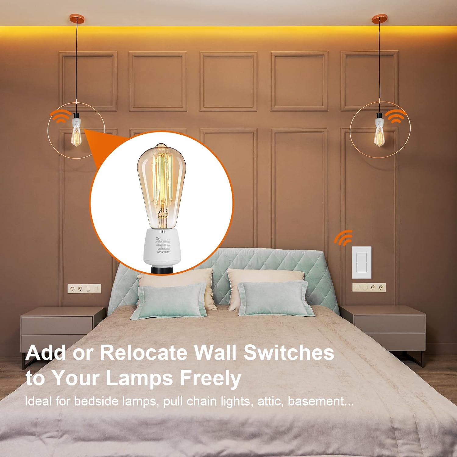 Suraielec Toma de luz con control remoto, interruptor de montaje en pared, enchufe de lámpara E26 E27, sin cableado, rango de 100 pies, interruptor