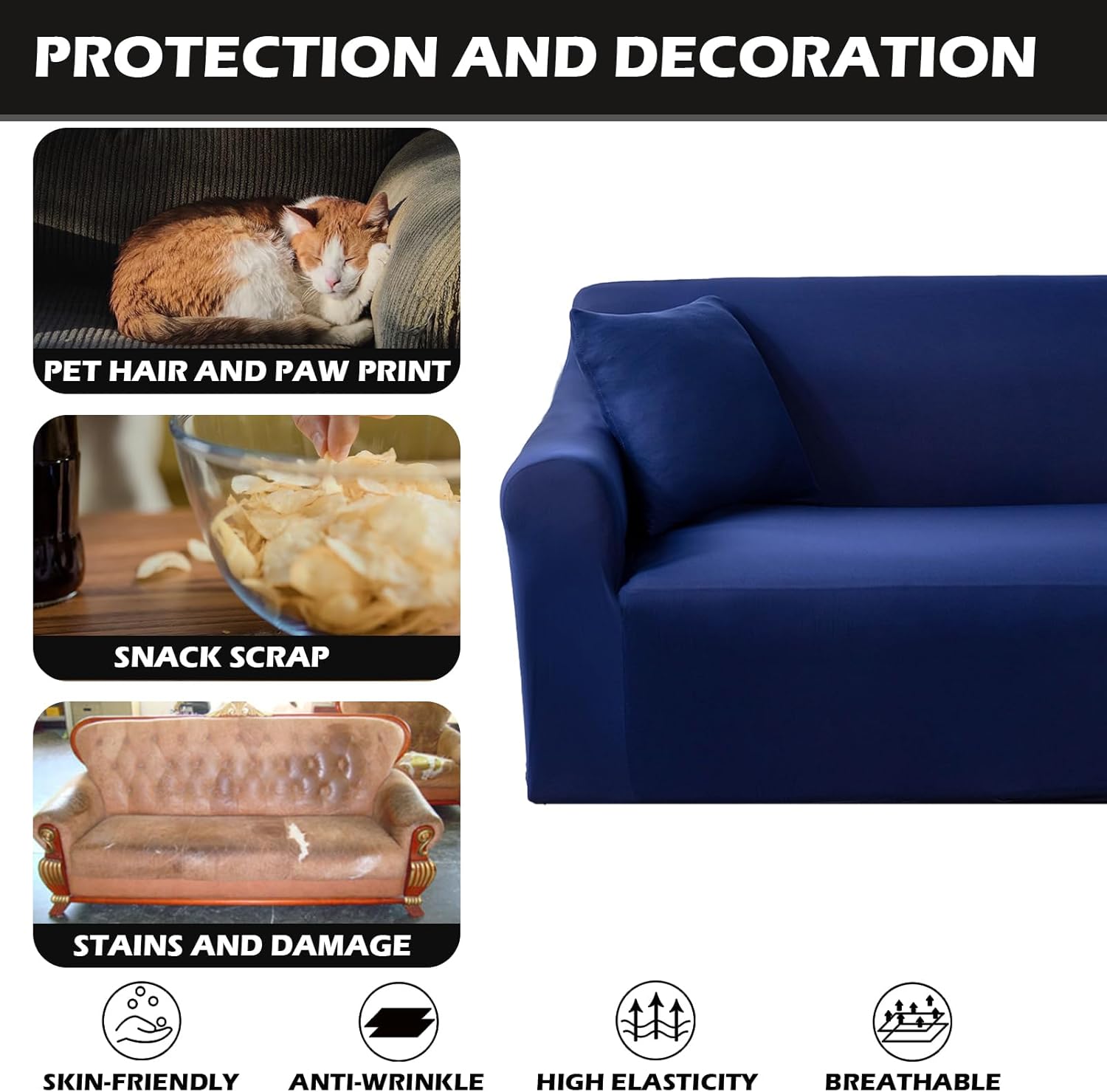 Funda elástica para sofá de 3 cojines, funda antideslizante de color liso, duradero, lavable, protector de muebles para decoración del hogar