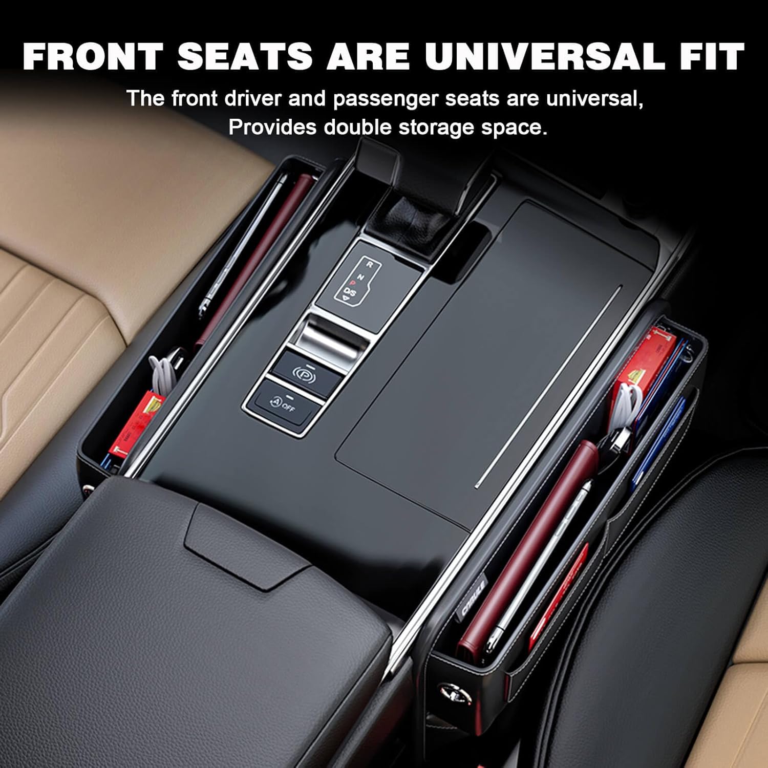 Organizador de espacio para asiento de automóvil con gel limpiador, organizador de cuero ajustable para asiento delantero con 2 orificios para cable