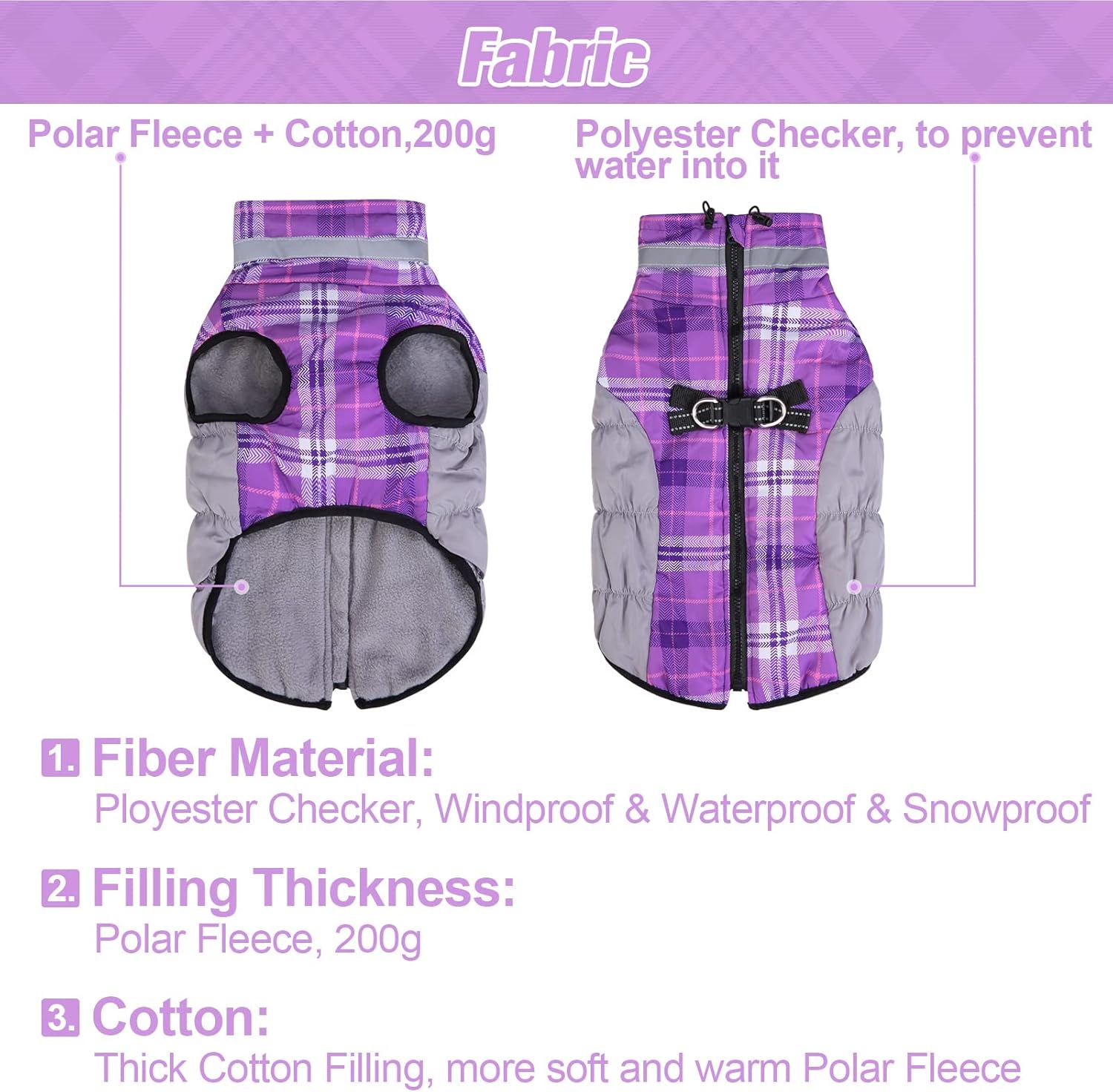 BEAUTYZOO Abrigo de invierno a cuadros para perro, chaqueta reflectante mejorada para perro, forro polar acolchado con arnés integrado, ropa